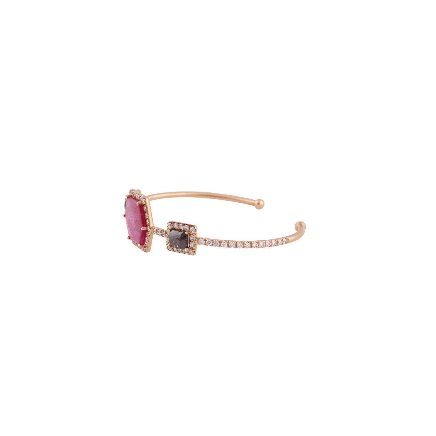 Rough Cut 5.81 Carat Natural Mozambique Ruby Bangle with Black Diamonds in 18k Gold For Sale
