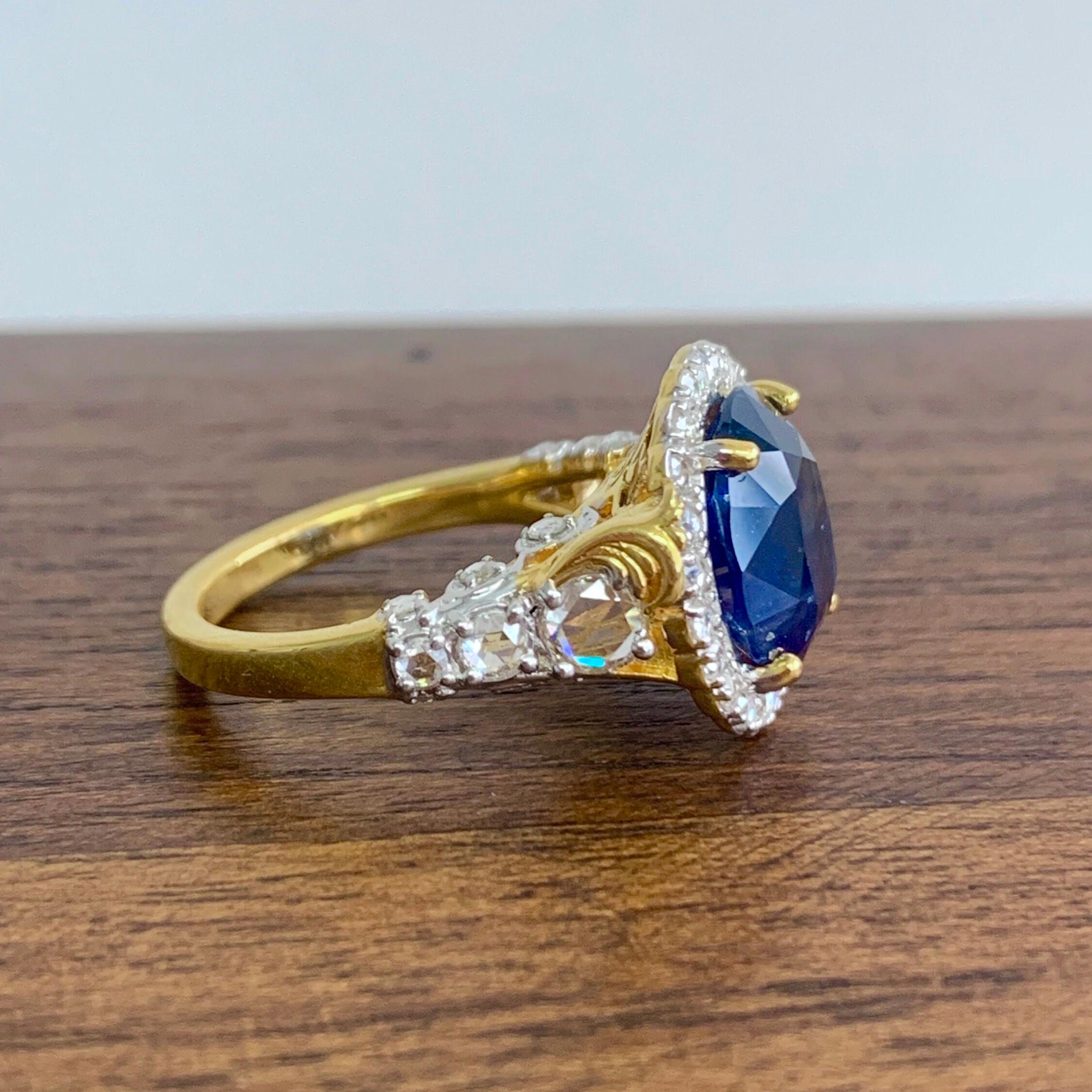 5.81 Carat Royal Blue Sapphire Ring with Rose Cut Diamonds in 18K Yellow Gold For Sale 2