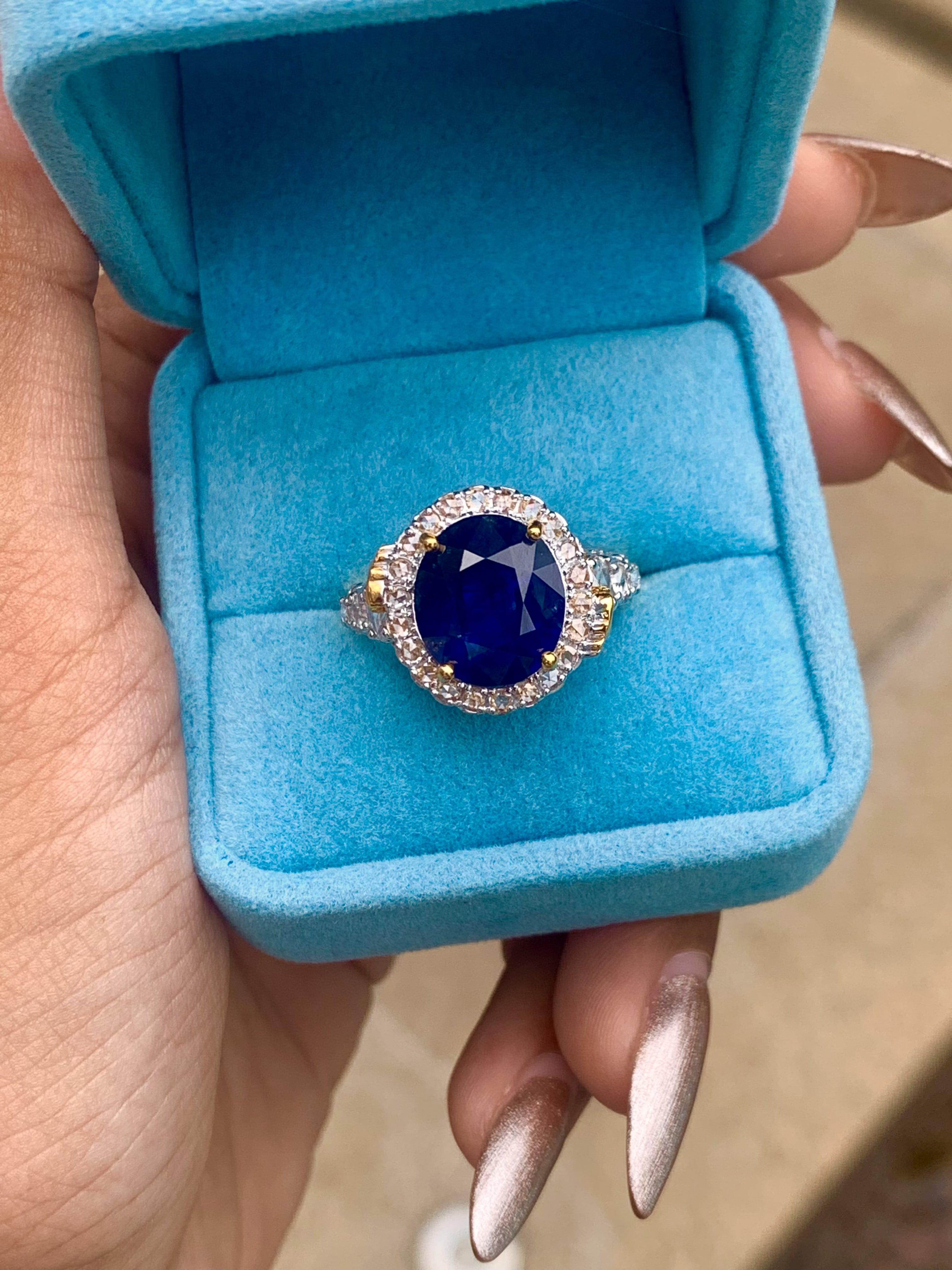 5.81 Carat Royal Blue Sapphire Ring with Rose Cut Diamonds in 18K Yellow Gold For Sale 5