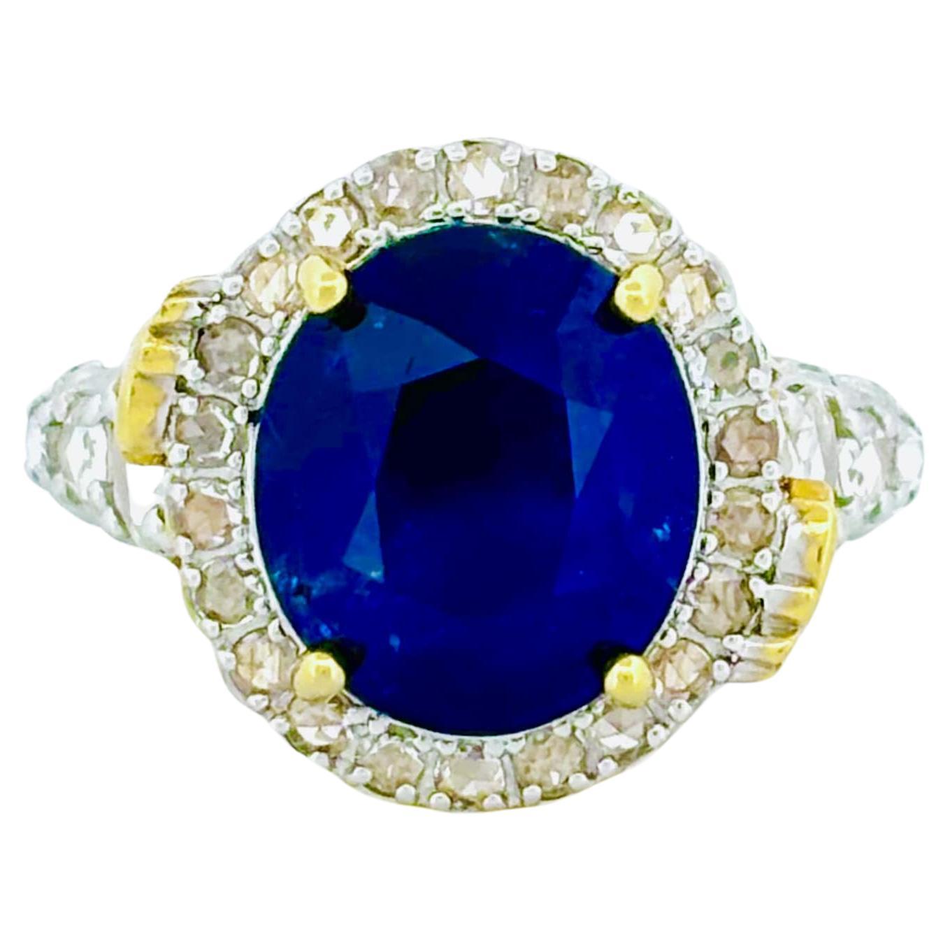 5.81 Carat Royal Blue Sapphire Ring with Rose Cut Diamonds in 18K Yellow Gold For Sale