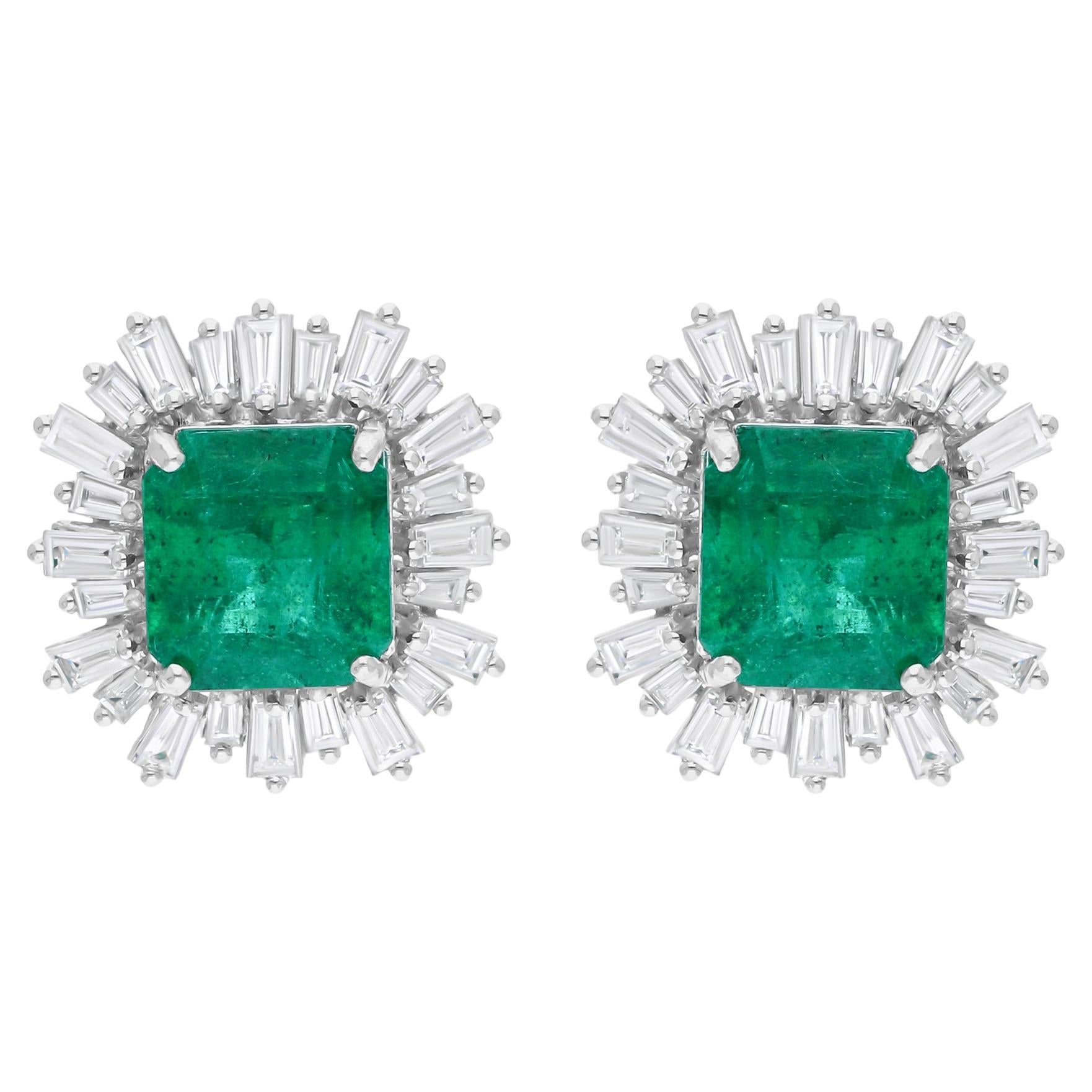 5.81 Carat Zambian Emerald SI/HI Diamond Starburst Halo Earrings 14k White Gold