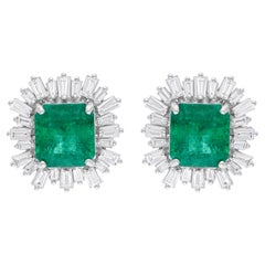 5.81 Carat Zambian Emerald SI/HI Diamond Starburst Halo Earrings 18k White Gold
