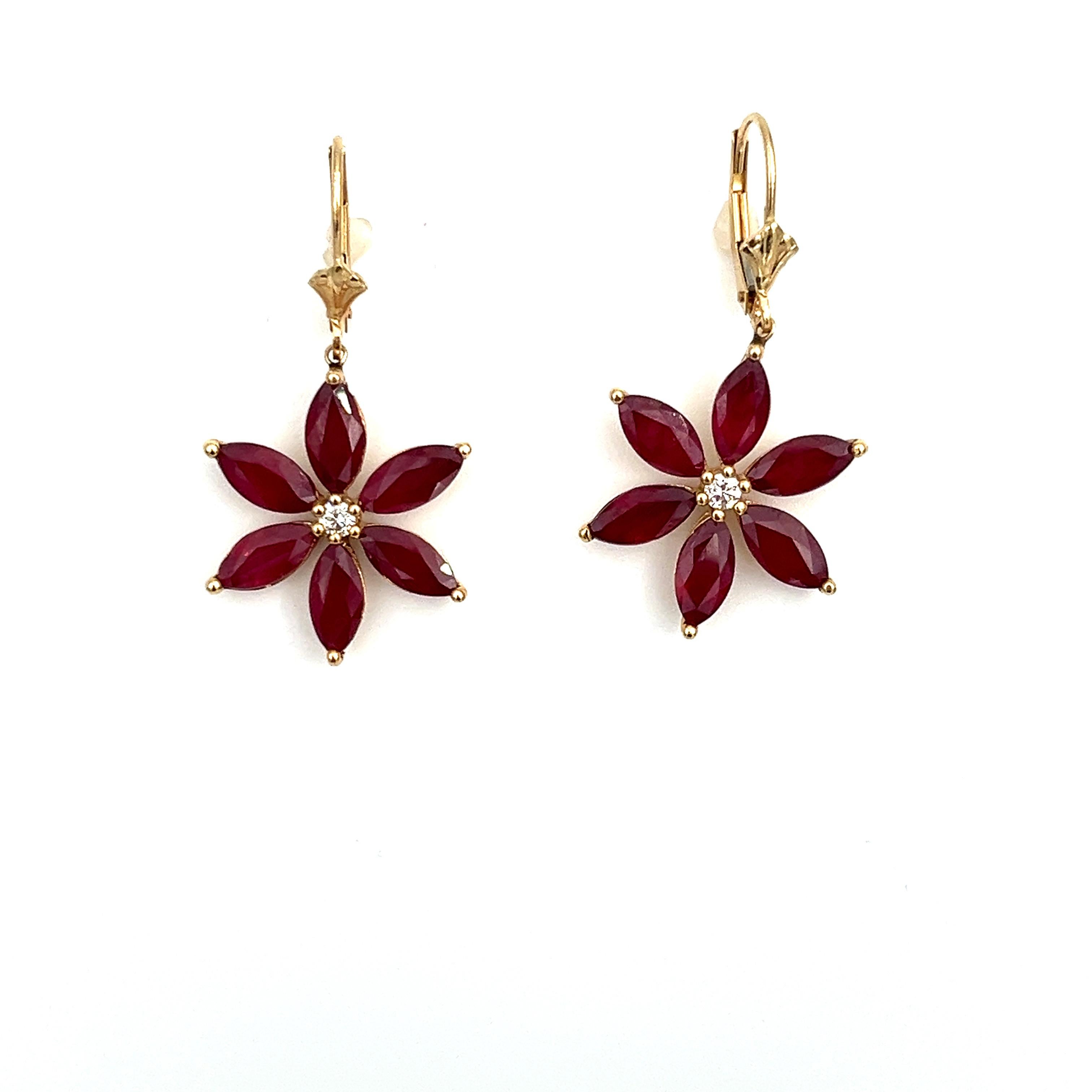 Marquise Cut 5.81 ct Natural Ruby & Diamond Flower Shaped Earrings For Sale