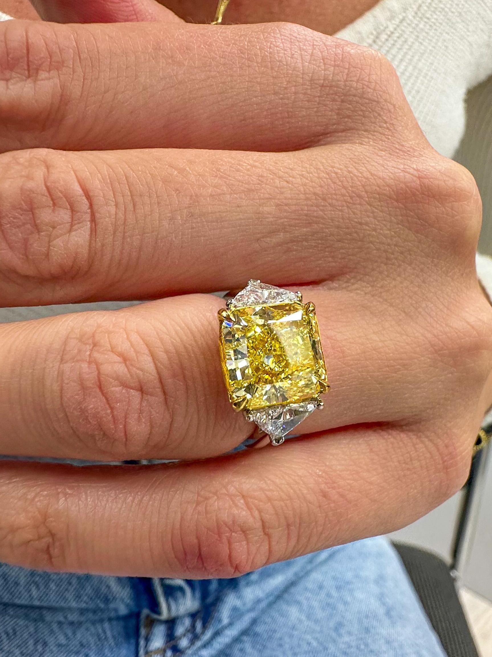 5.81 Ct Radiant Cut Platinum Fancy Yellow Three Stone Diamond Engagement Ring For Sale 5