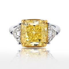 5.81 Ct Radiant Cut Platinum Fancy Yellow Three Stone Diamond Engagement Ring