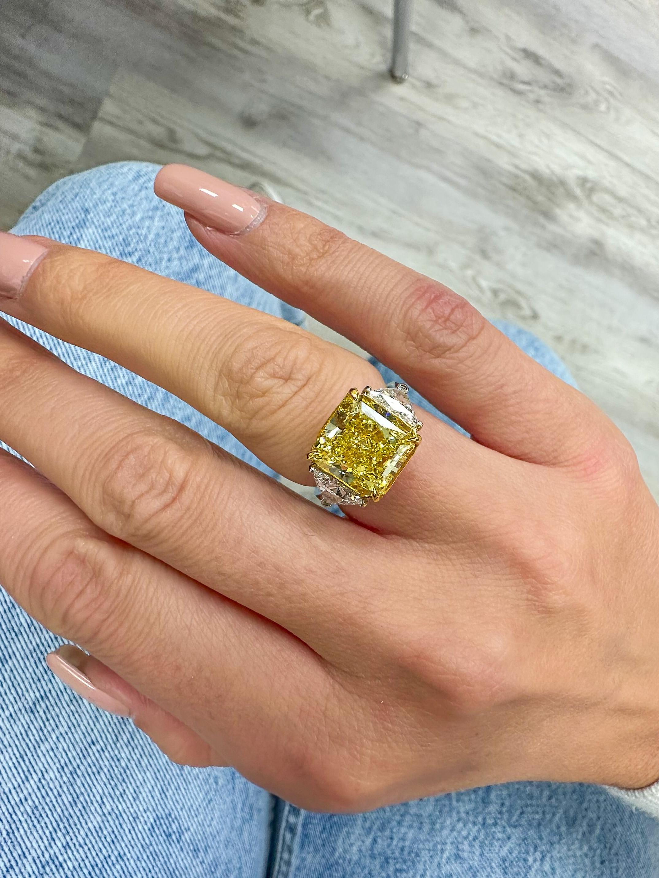 5.81 Ct Radiant Cut Platinum Fancy Yellow Three Stone Diamond Engagement Ring For Sale 1