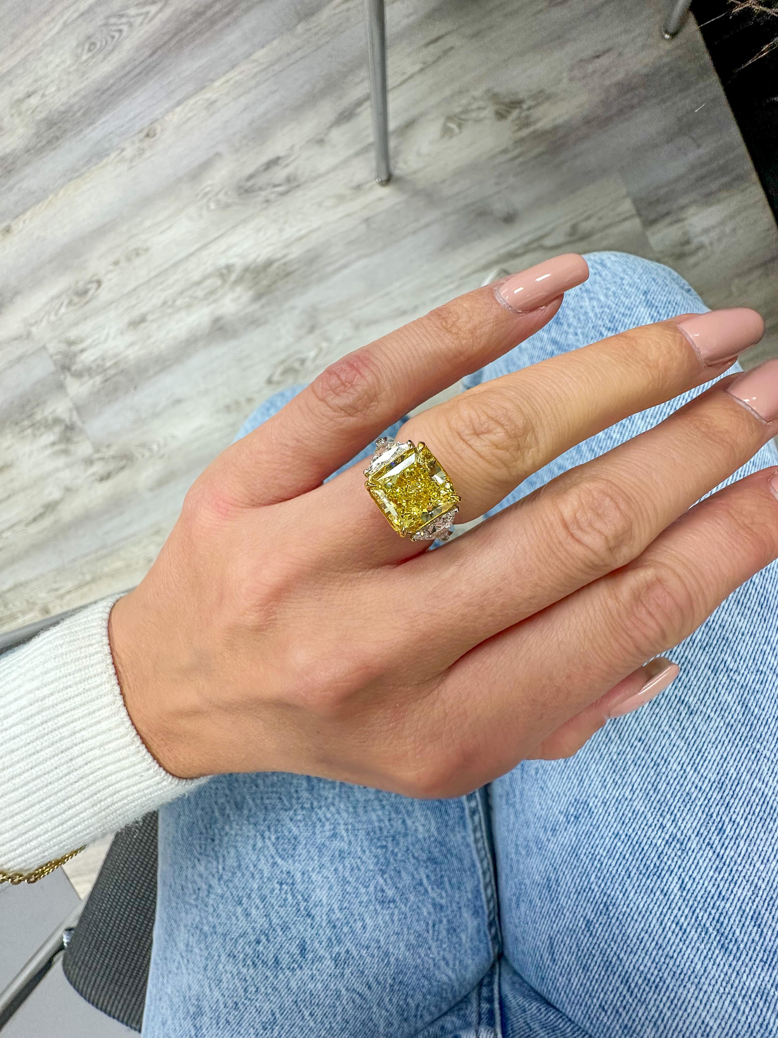 5.81 Ct Radiant Cut Platinum Fancy Yellow Three Stone Diamond Engagement Ring For Sale 2