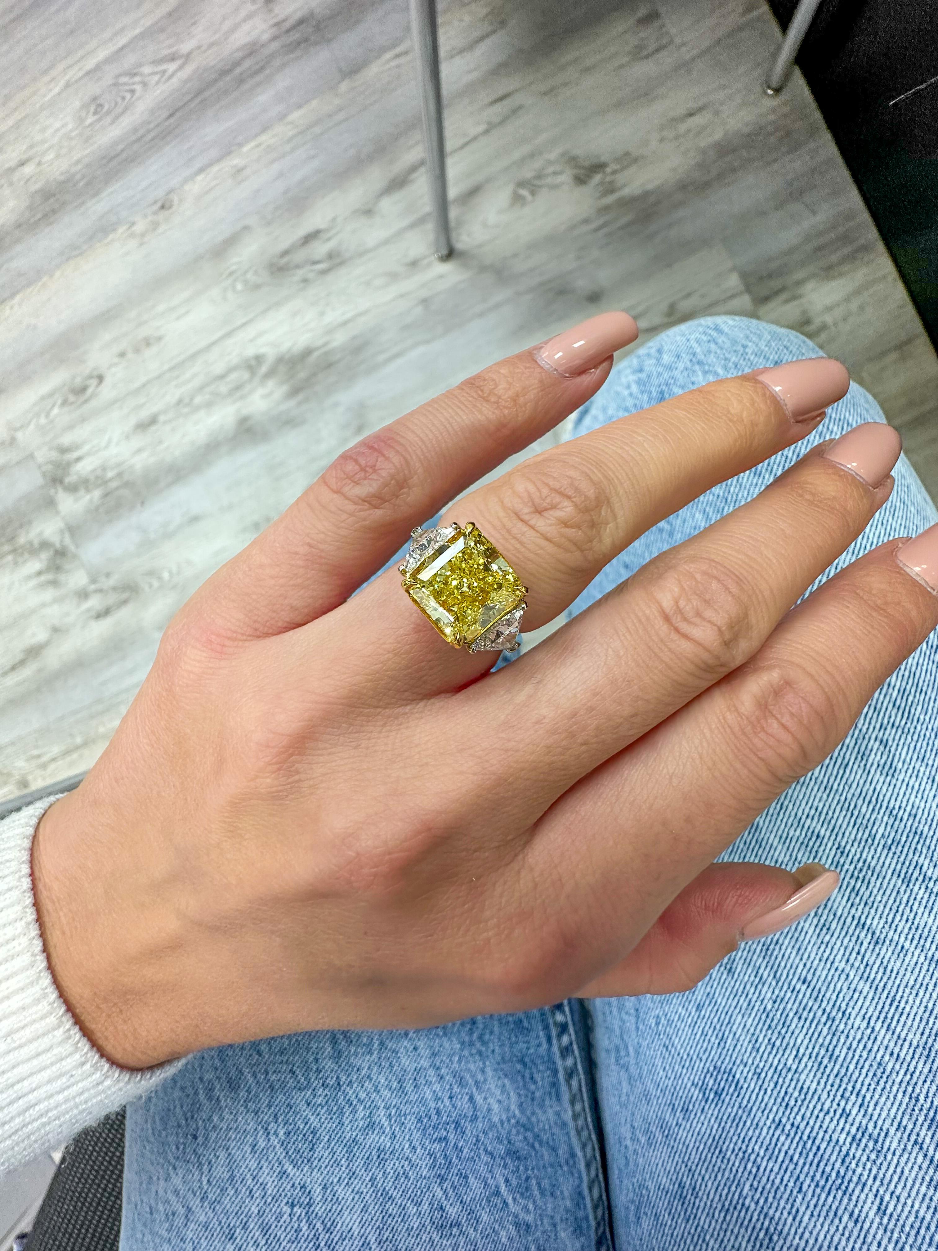 5.81 Ct Radiant Cut Platinum Fancy Yellow Three Stone Diamond Engagement Ring For Sale 3
