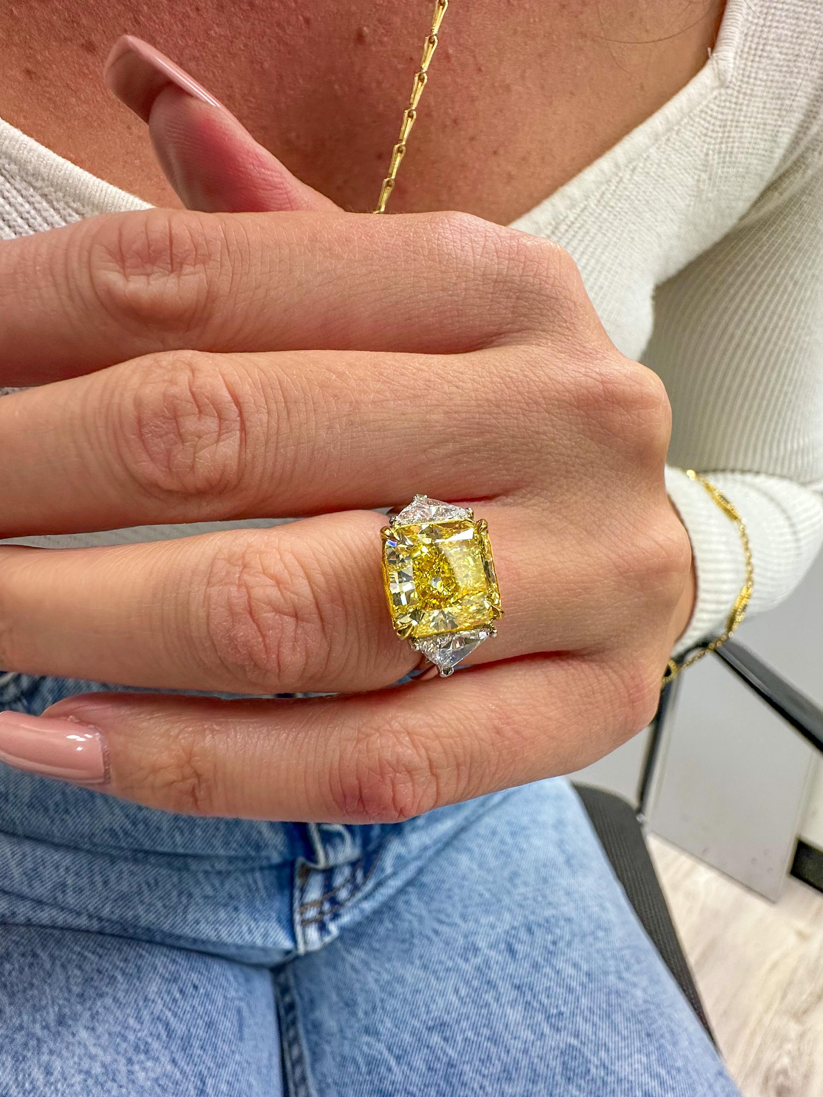 5.81 Ct Radiant Cut Platinum Fancy Yellow Three Stone Diamond Engagement Ring For Sale 4
