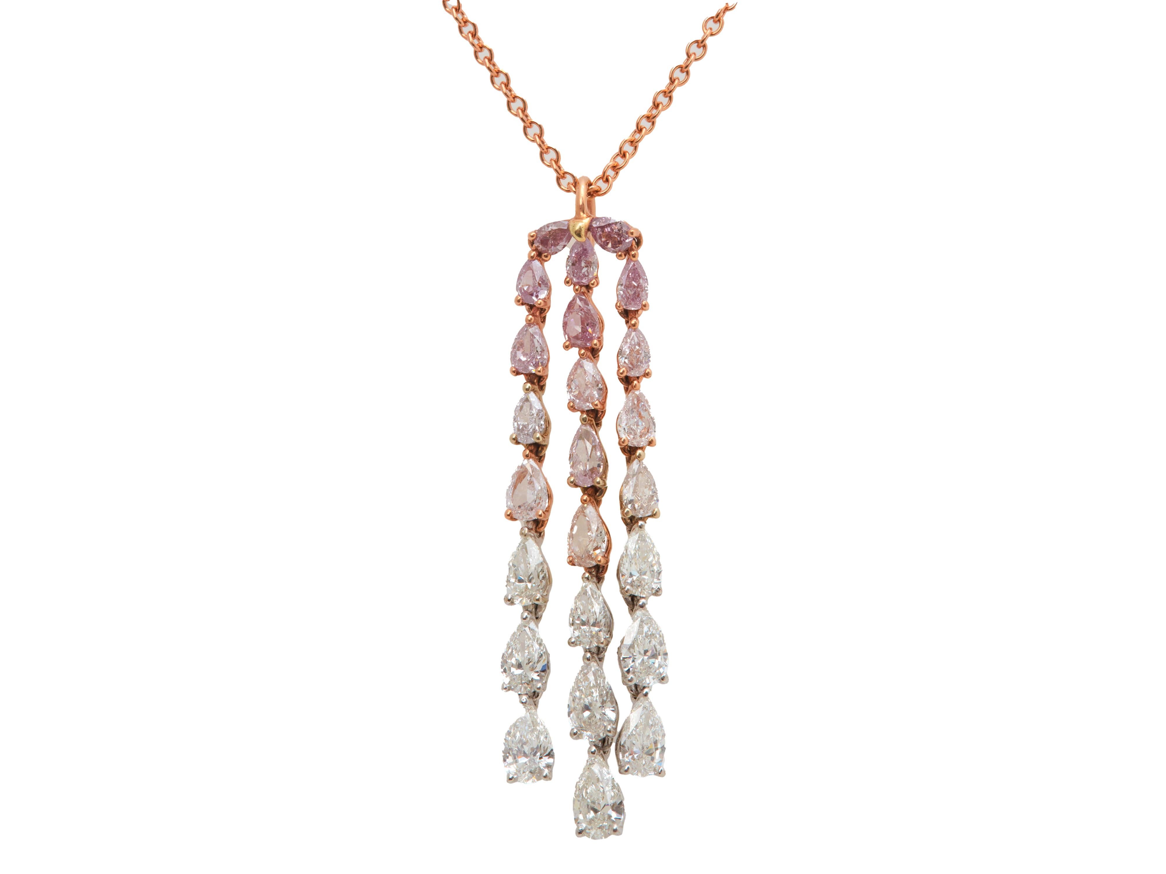 Contemporary 5.81 Pink and White Diamond Tassel Necklace Set in 18K Rose Gold For Sale