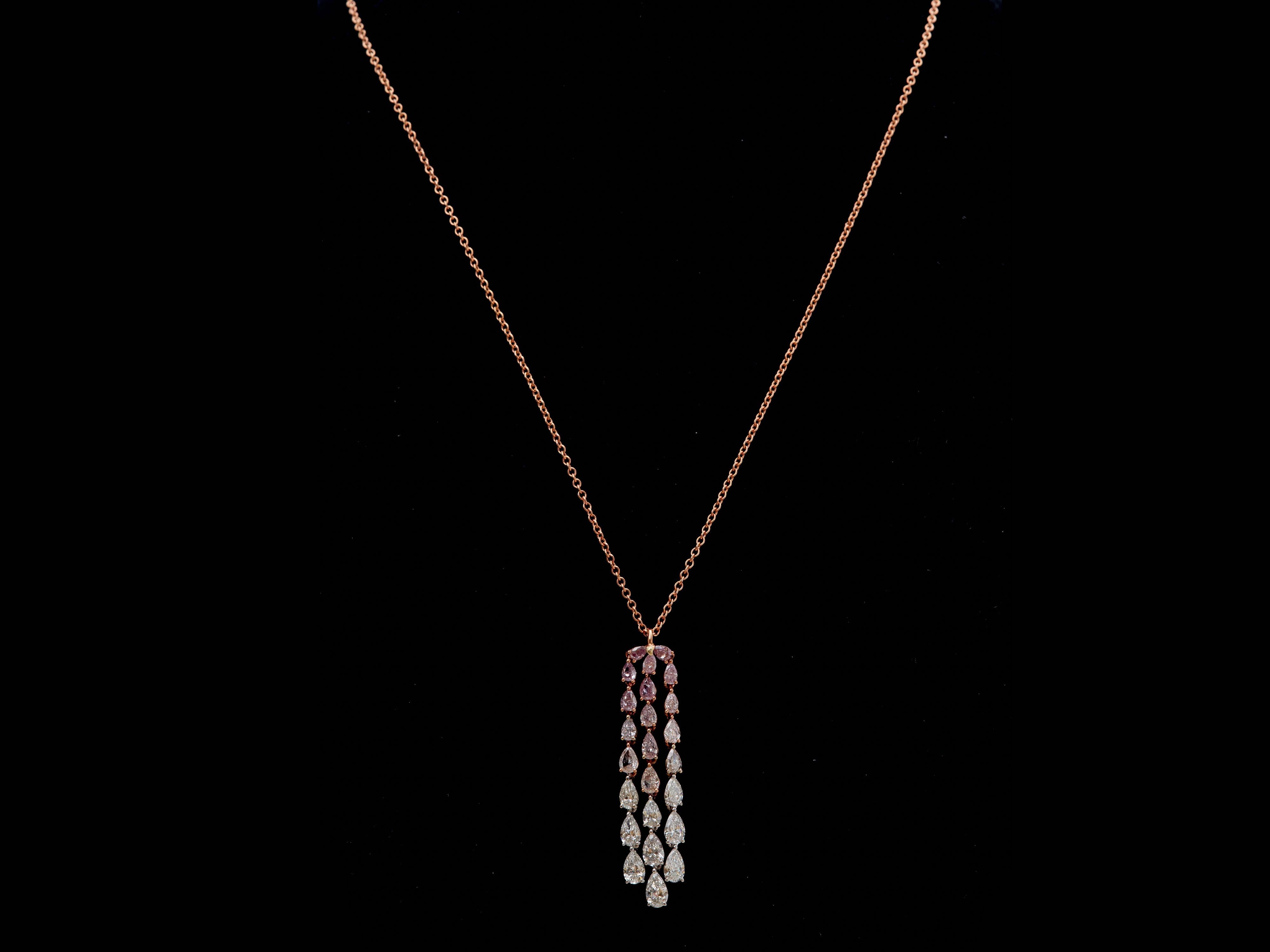 Pear Cut 5.81 Pink and White Diamond Tassel Necklace Set in 18K Rose Gold For Sale