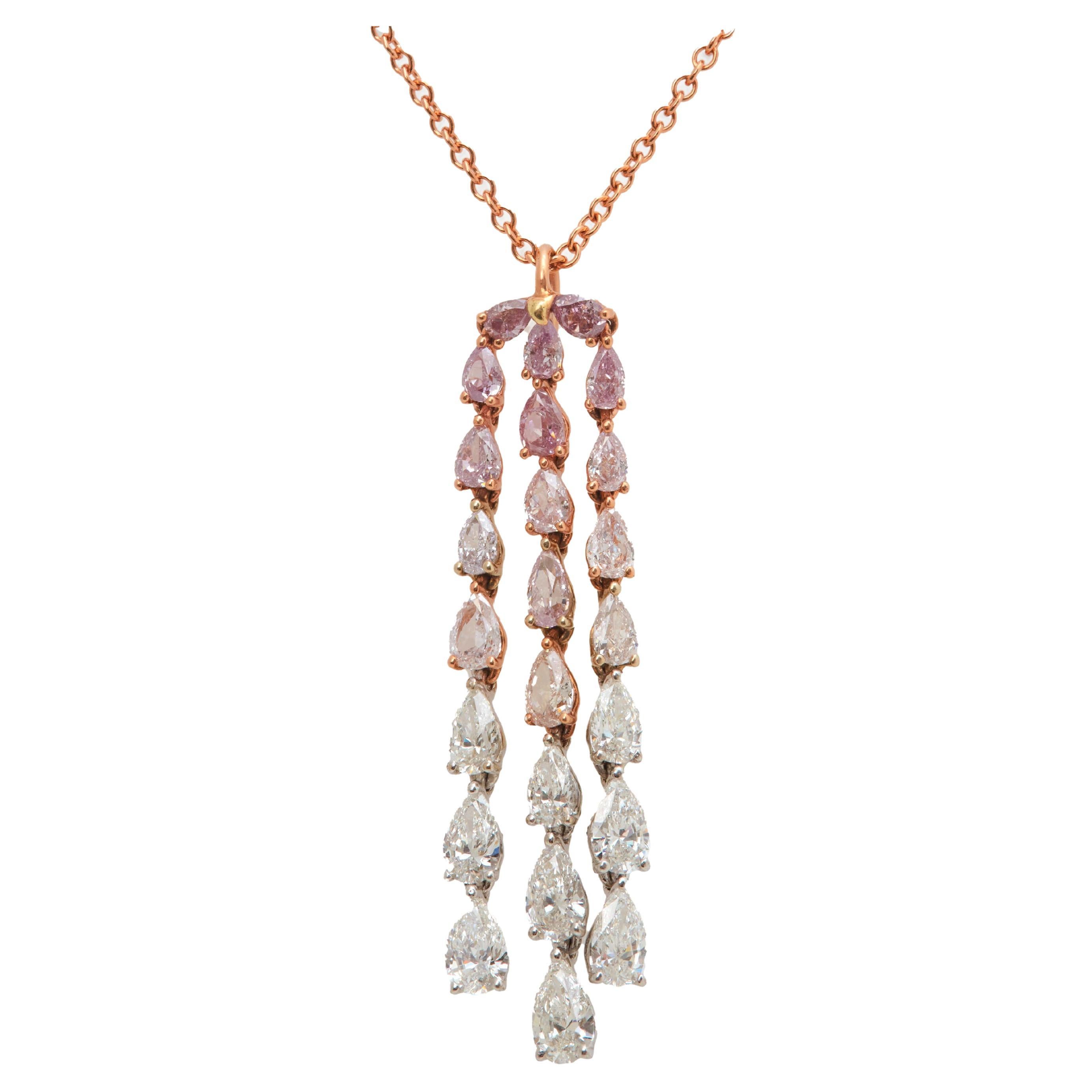 5.81 Pink and White Diamond Tassel Necklace Set in 18K Rose Gold For Sale