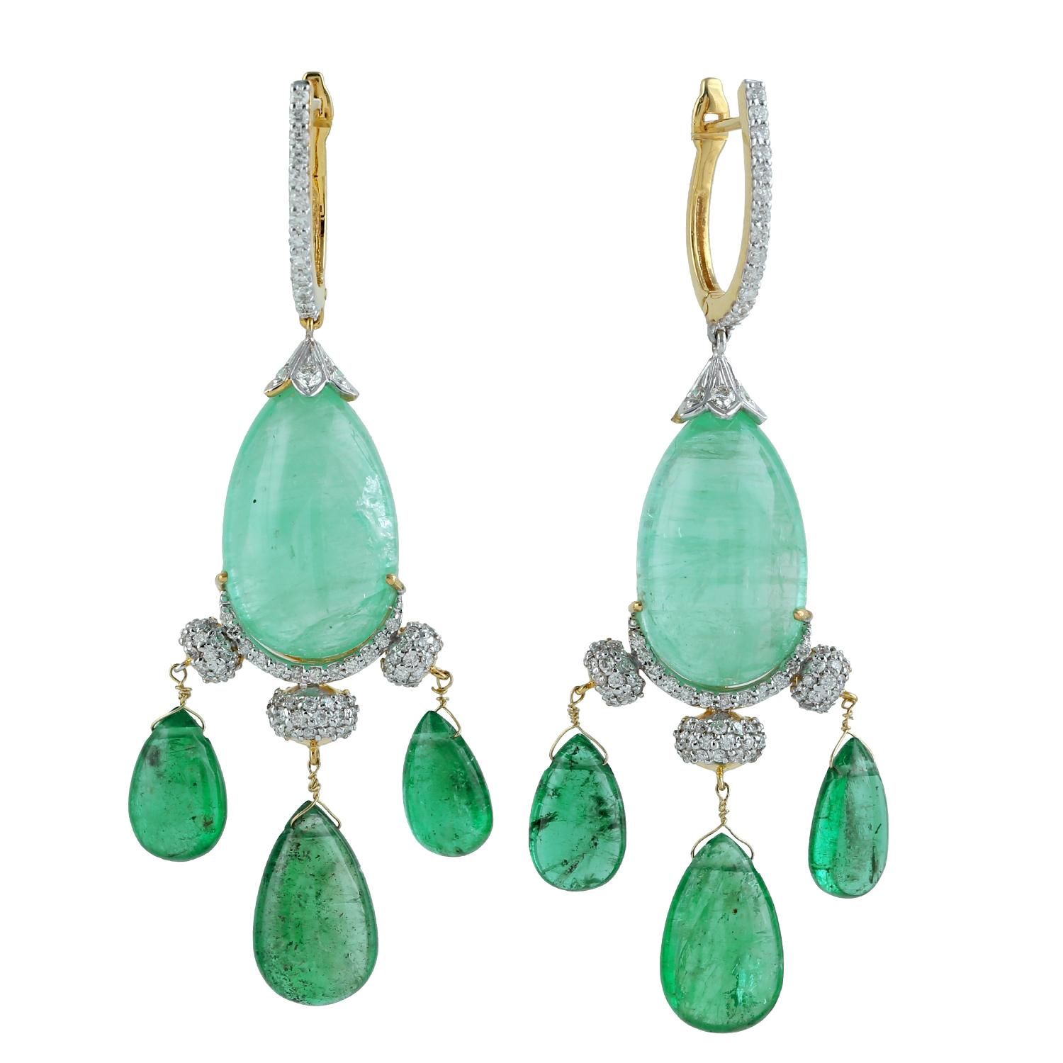 Mixed Cut 58.18 Carat Emerald Diamond 18 Karat Gold Earrings For Sale