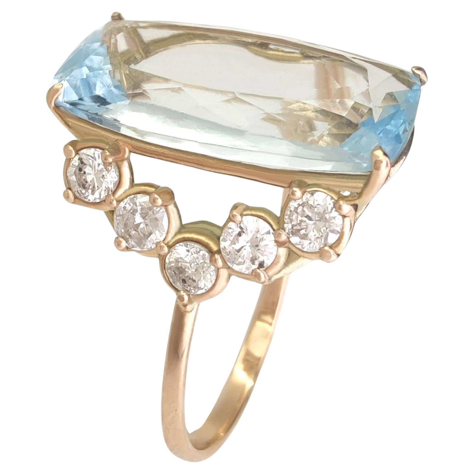 5.82 Carat Aquamarine & 0.66 carats Diamond 14K Ring - Handmade Sophistication