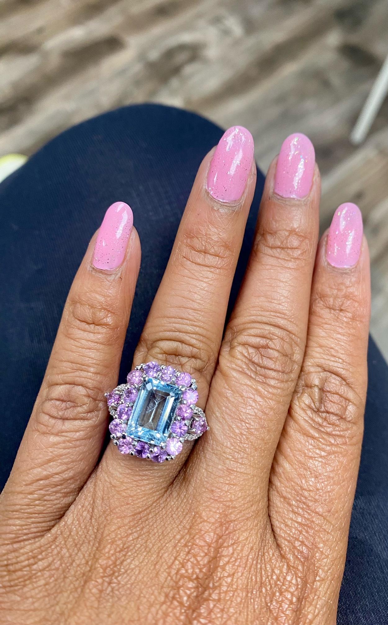 5.82 Carat Aquamarine Pink Sapphire Diamond White Gold Cocktail Ring For Sale 4