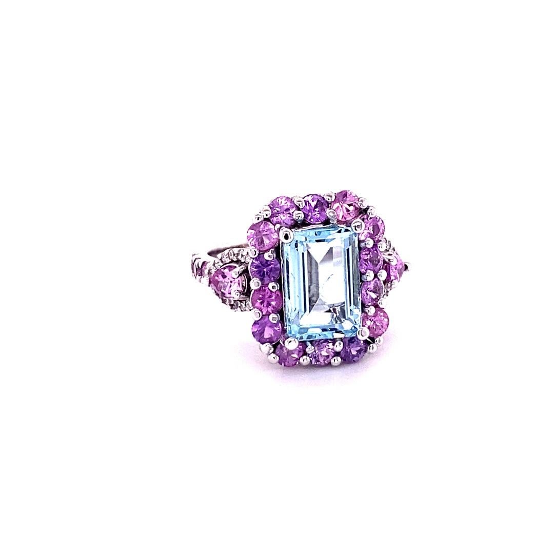 Contemporary 5.82 Carat Aquamarine Pink Sapphire Diamond White Gold Cocktail Ring For Sale