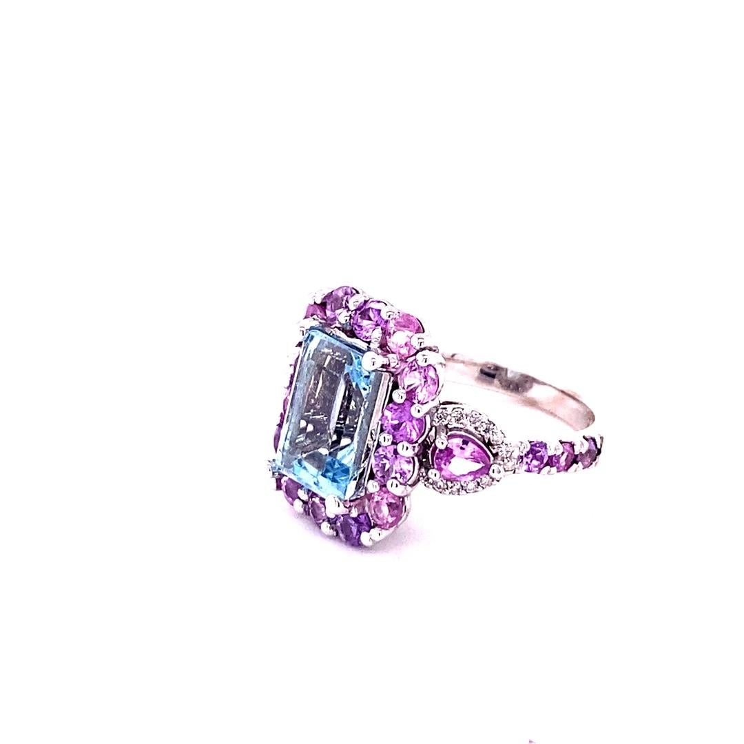 Emerald Cut 5.82 Carat Aquamarine Pink Sapphire Diamond White Gold Cocktail Ring For Sale