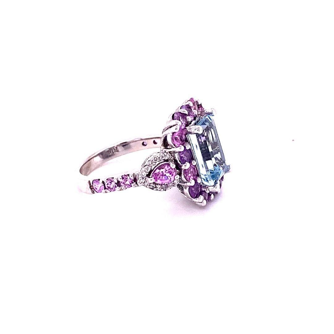 5.82 Carat Aquamarine Pink Sapphire Diamond White Gold Cocktail Ring In New Condition For Sale In Los Angeles, CA