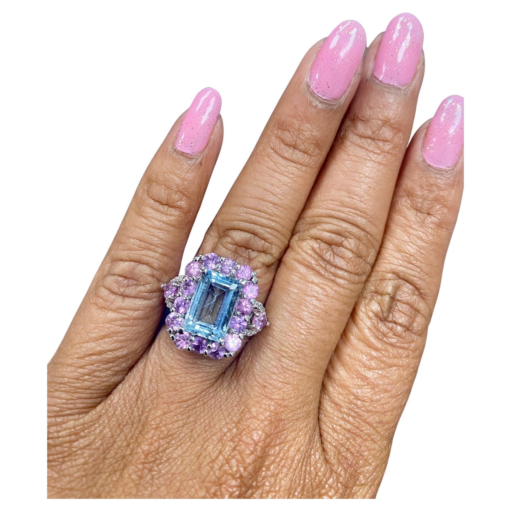 Women's 5.82 Carat Aquamarine Pink Sapphire Diamond White Gold Cocktail Ring For Sale