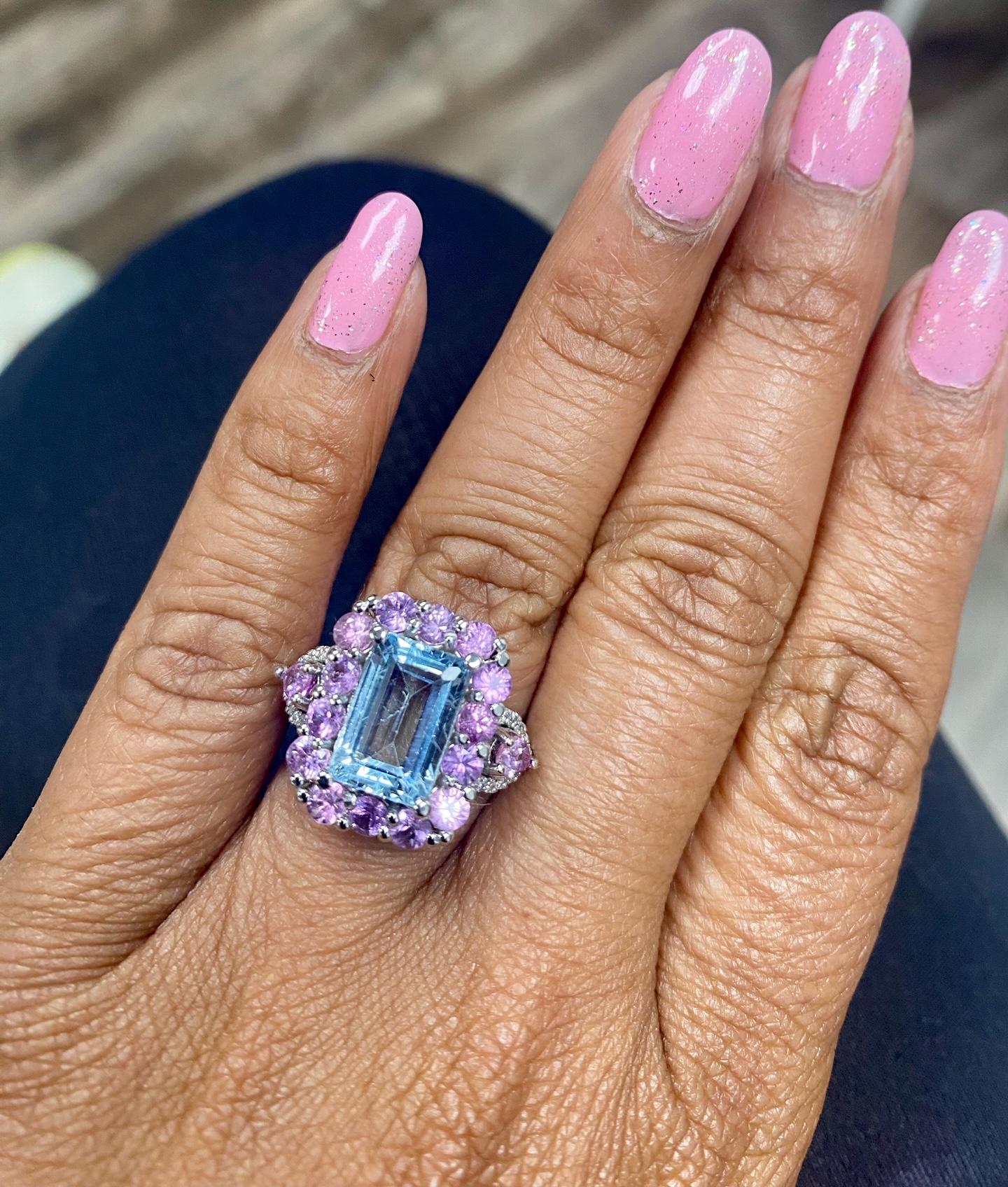 5.82 Carat Aquamarine Pink Sapphire Diamond White Gold Cocktail Ring For Sale 1
