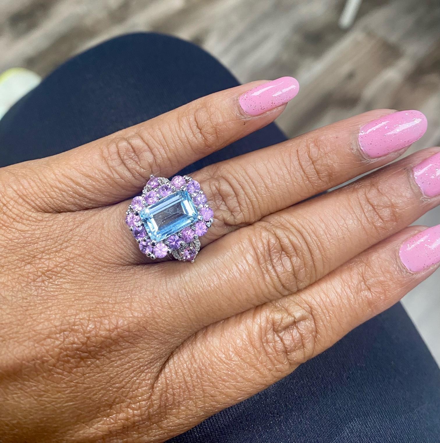 5.82 Carat Aquamarine Pink Sapphire Diamond White Gold Cocktail Ring For Sale 2