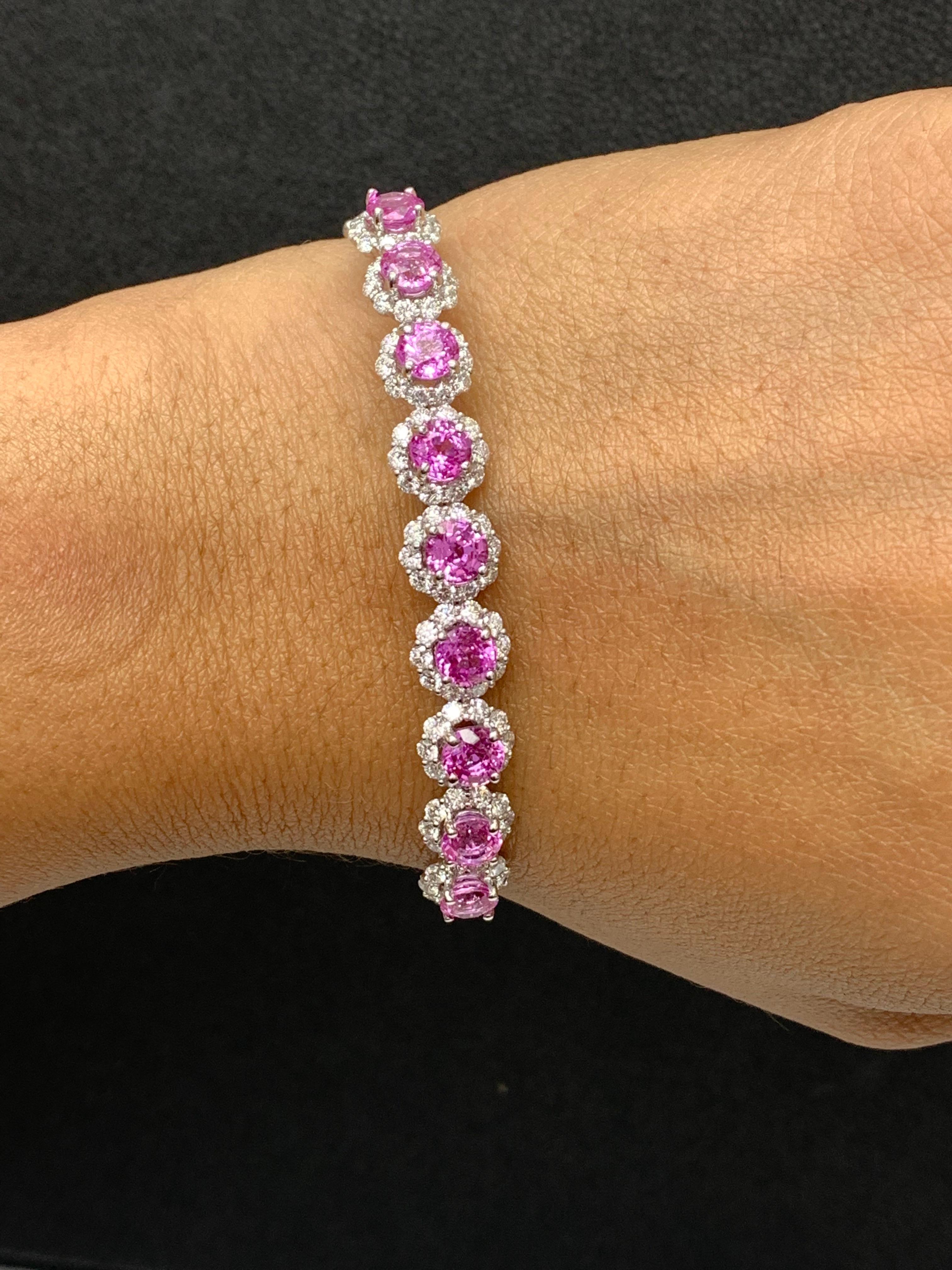 Women's 5.82 Carat Brilliant Cut Pink Sapphire Diamond Bangle Bracelet in 18k White Gold For Sale
