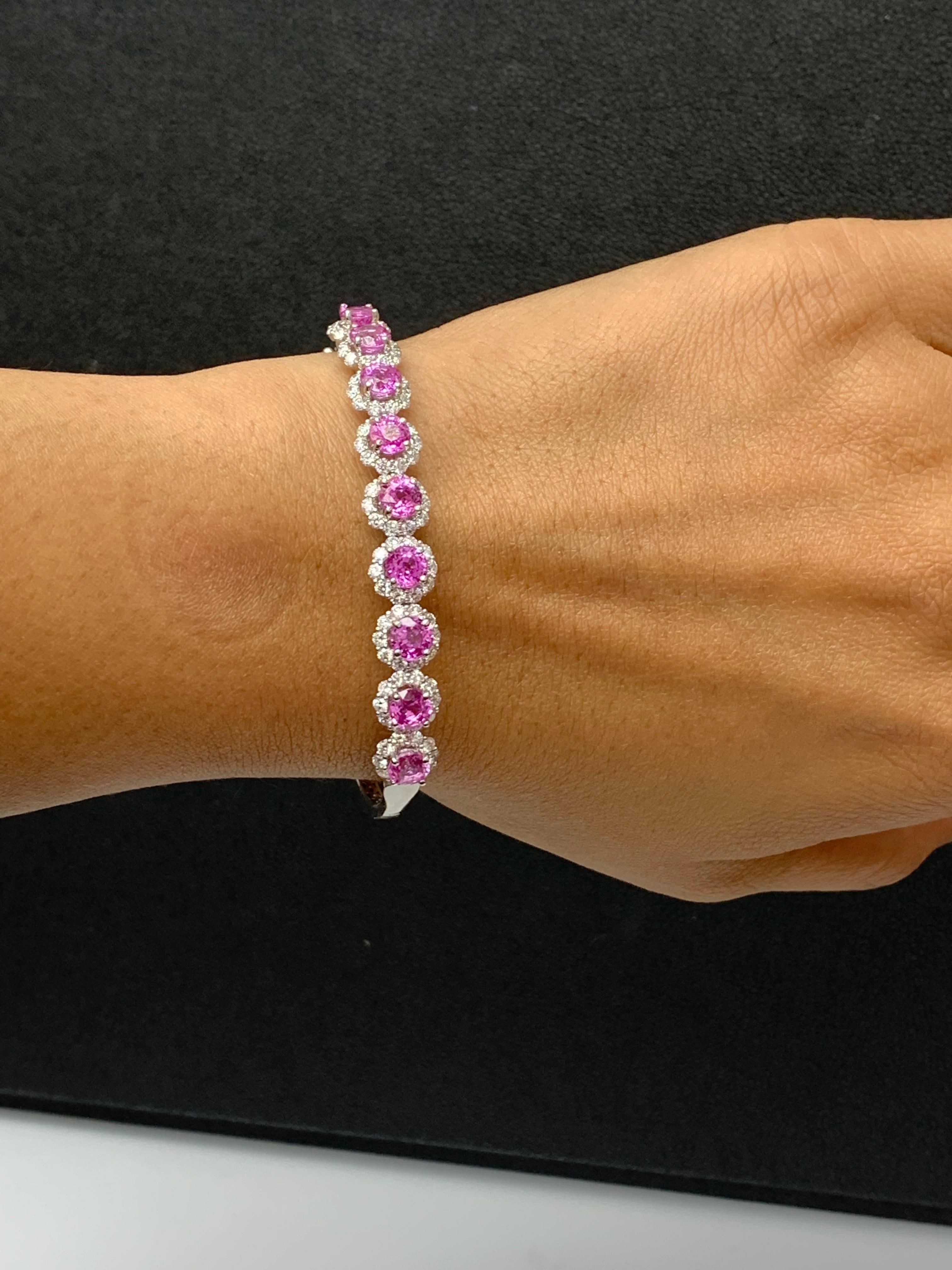 5.82 Carat Brilliant Cut Pink Sapphire Diamond Bangle Bracelet in 18k White Gold For Sale 3