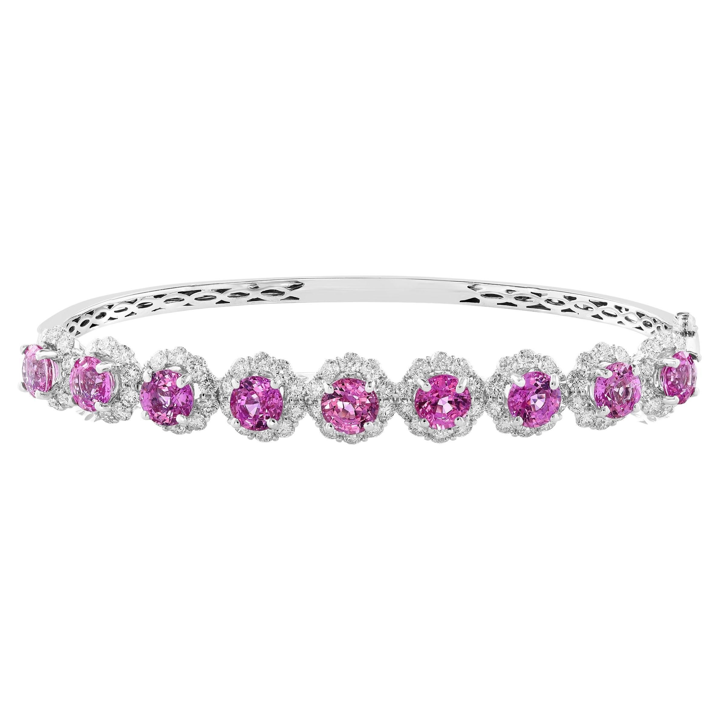 5.82 Carat Brilliant Cut Pink Sapphire Diamond Bangle Bracelet in 18k White Gold For Sale