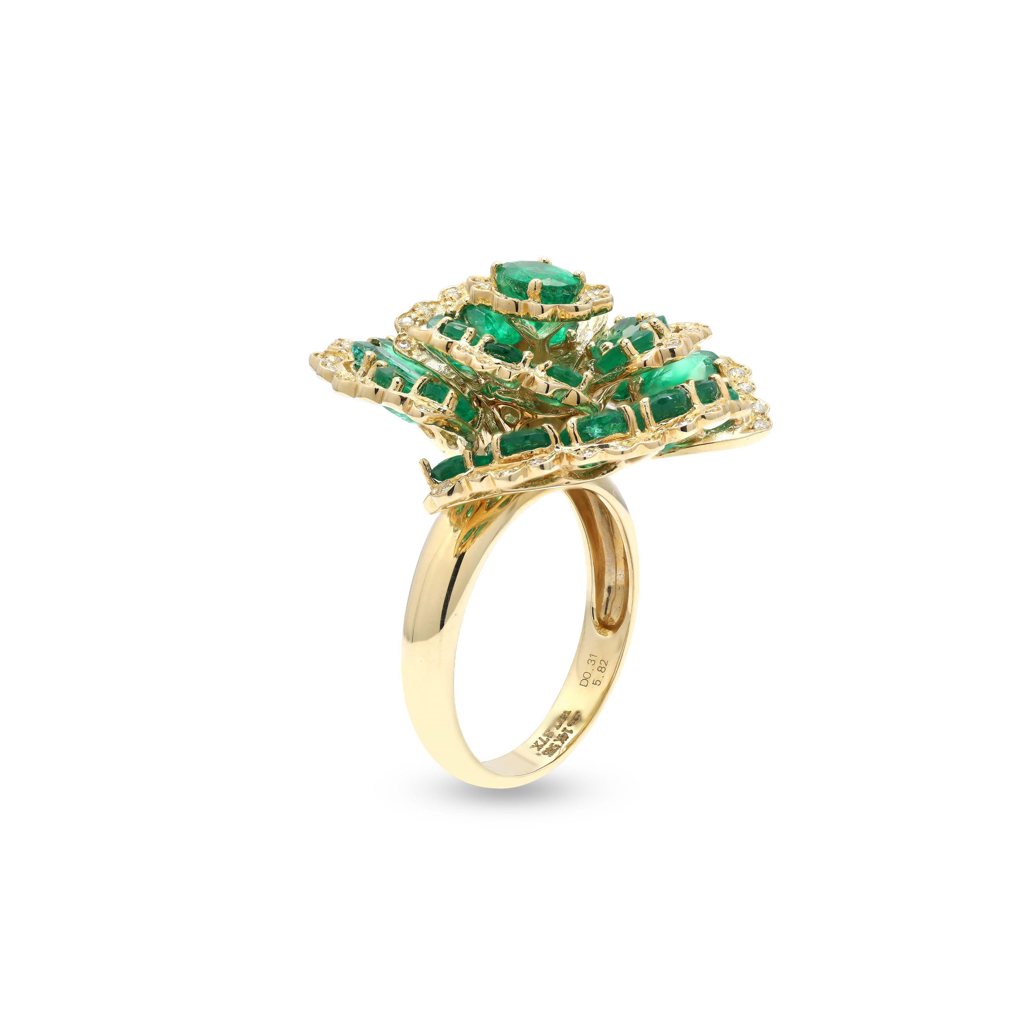 For Sale:  5.82 ct Emerald Flower Ring with Diamonds in 14 Karat Yellow Gold 2