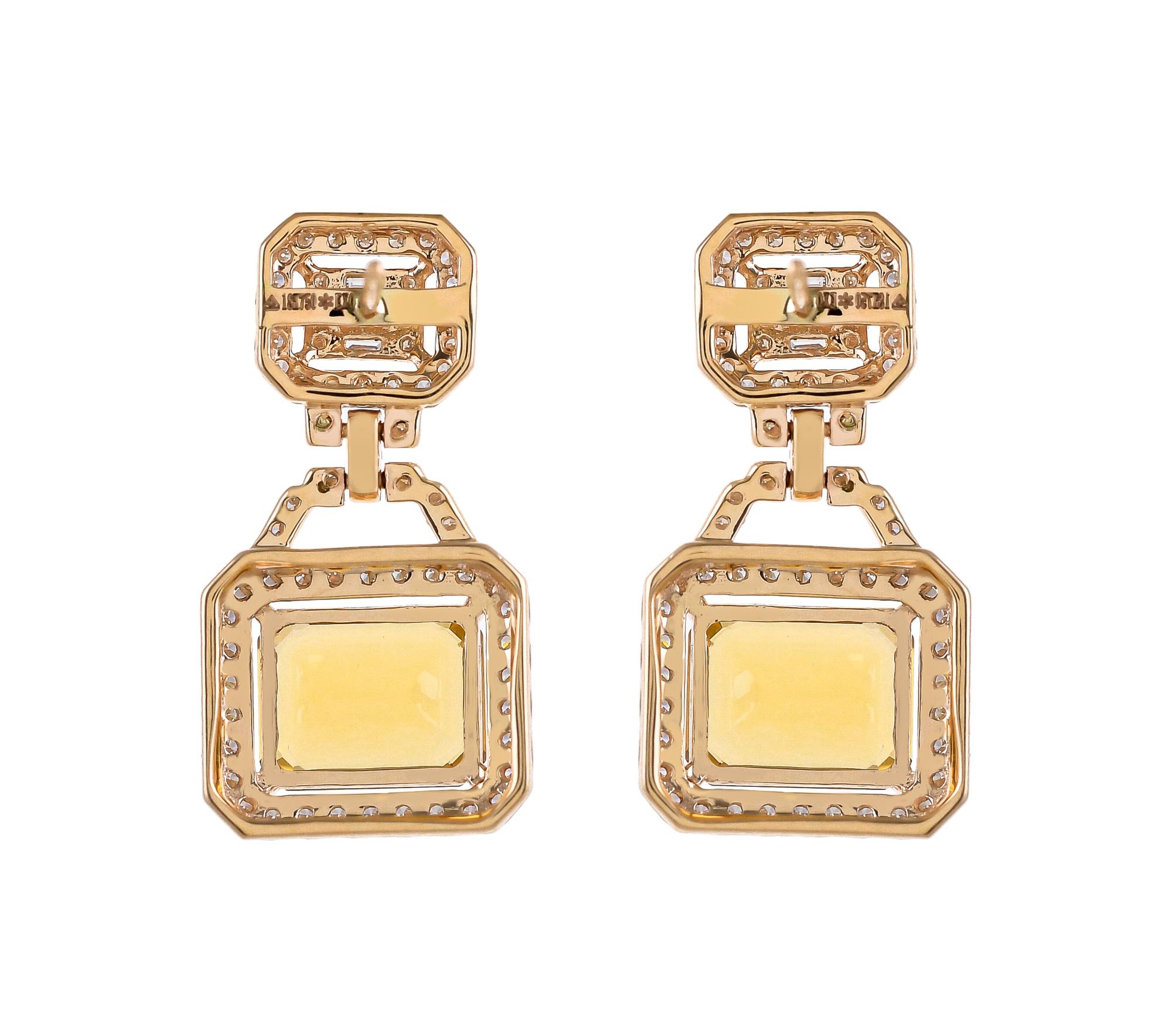 Modern 5.82 Carat Honey Quartz and Diamond 18 Karat Yellow Gold Earrings For Sale