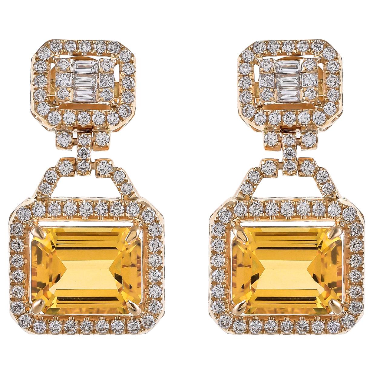 5.82 Carat Honey Quartz and Diamond 18 Karat Yellow Gold Earrings For Sale