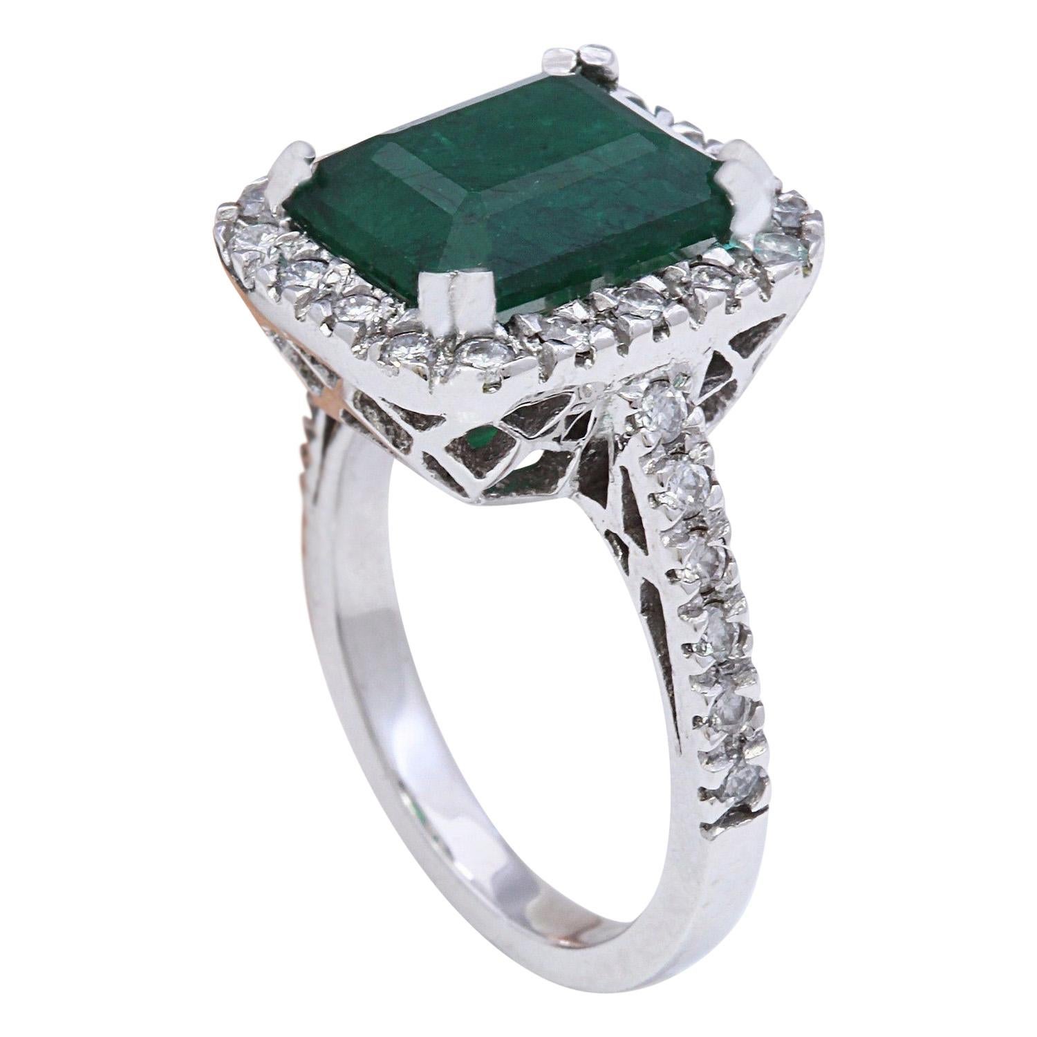 Emerald Cut Dazzling Natural Emerald Diamond Ring In 14 Karat Solid White Gold  For Sale