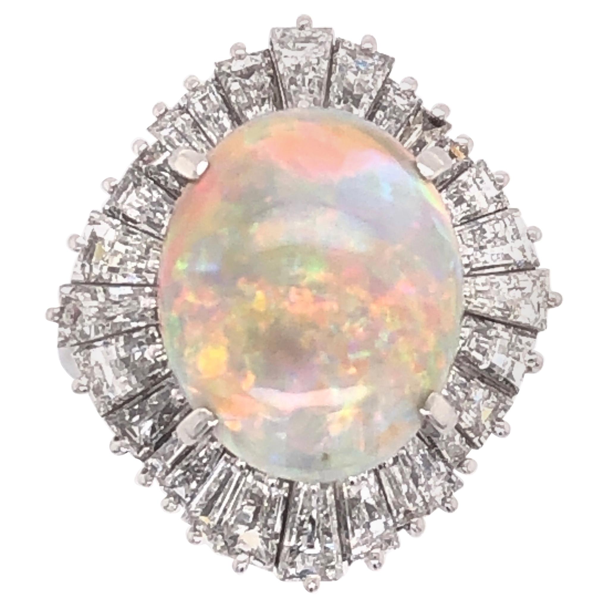 5.82 Carat Opal Diamond Platinum Vintage Cocktail Ring Fine Estate Jewelry For Sale