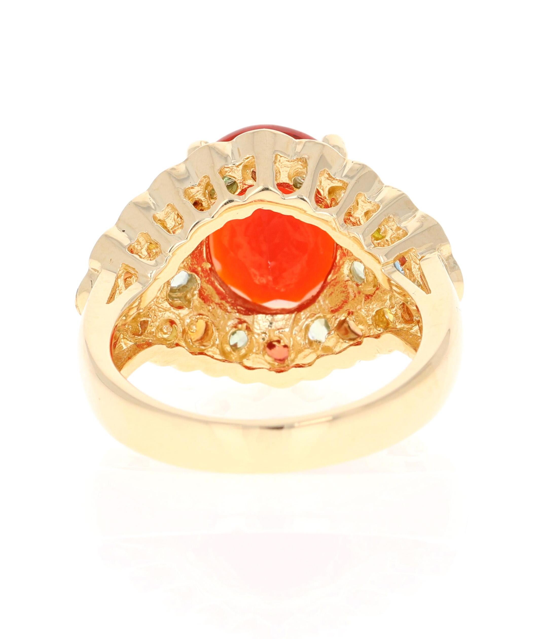 5.82 Carat Oval Cut Fire Opal Sapphire 14 Karat Yellow Gold Cocktail Ring In New Condition In Los Angeles, CA