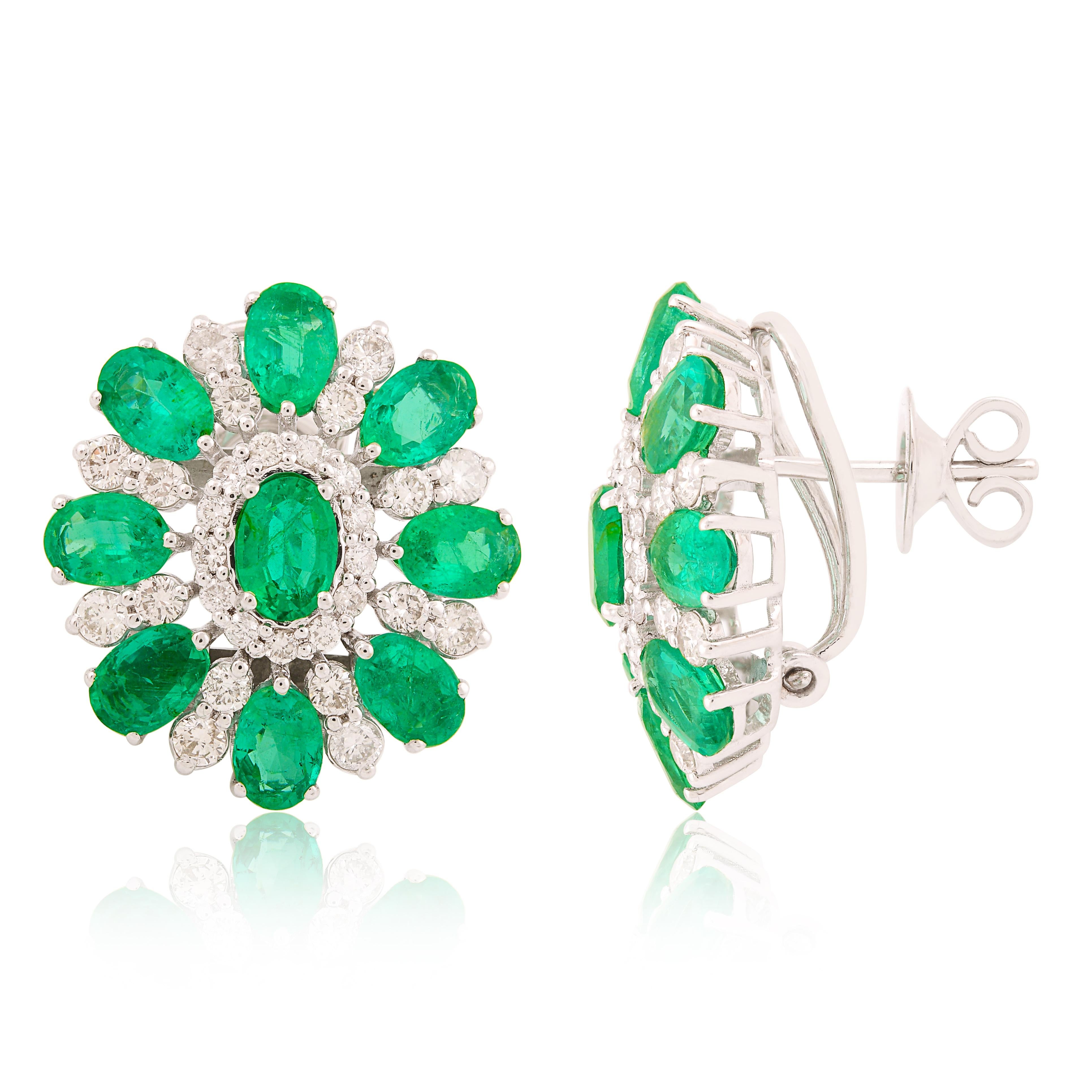 Modern 5.82 Carat Oval Emerald Flower Earrings 1.90 Carat Diamond 10 Karat White Gold For Sale