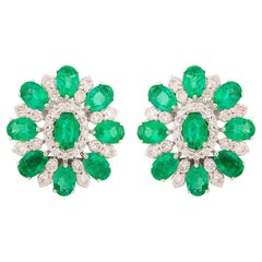 5.82 Carat Oval Emerald Flower Earrings 1.90 Carat Diamond 10 Karat White Gold
