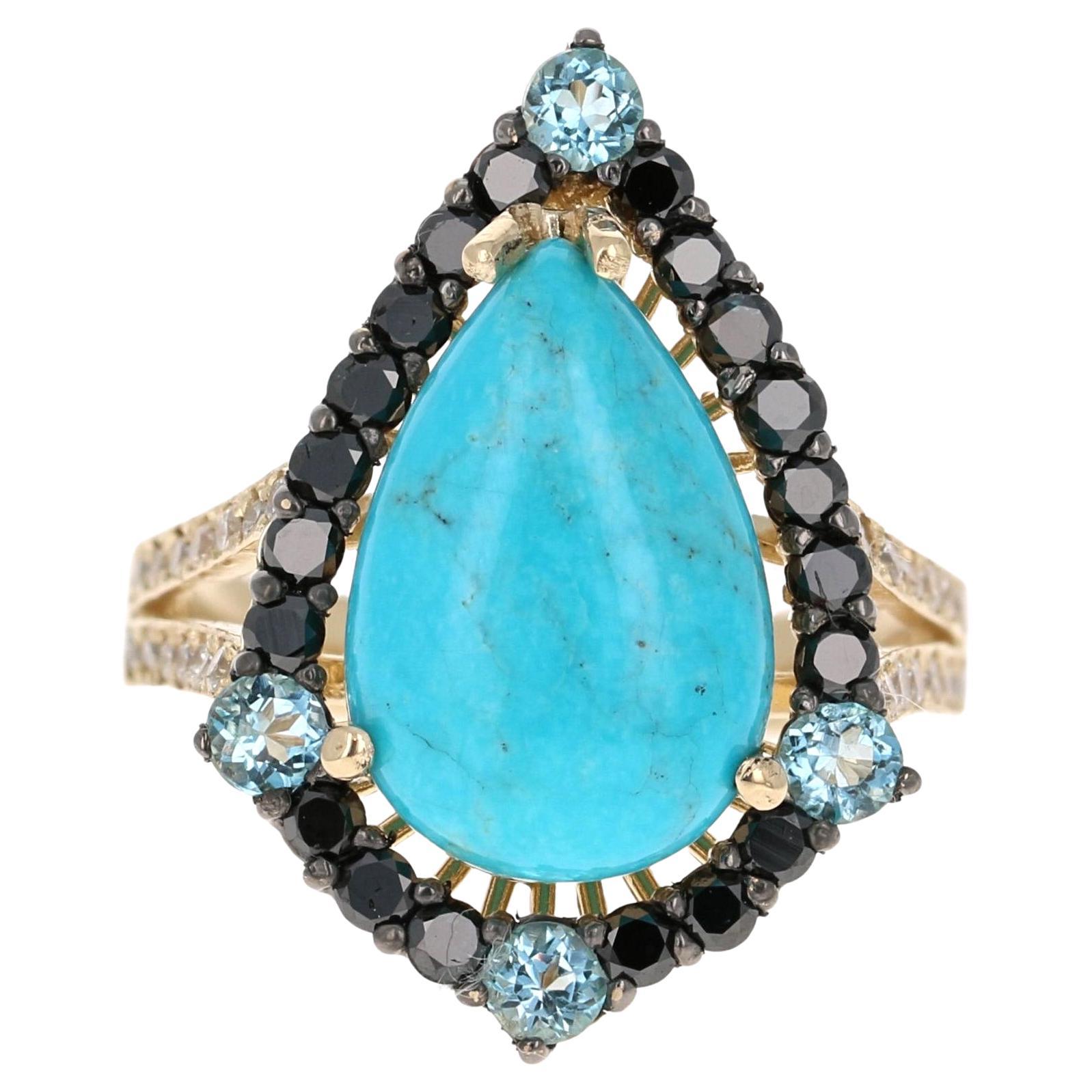 Anello da cocktail in oro 14K con diamante nero e turchese taglio pera da 5,82 carati