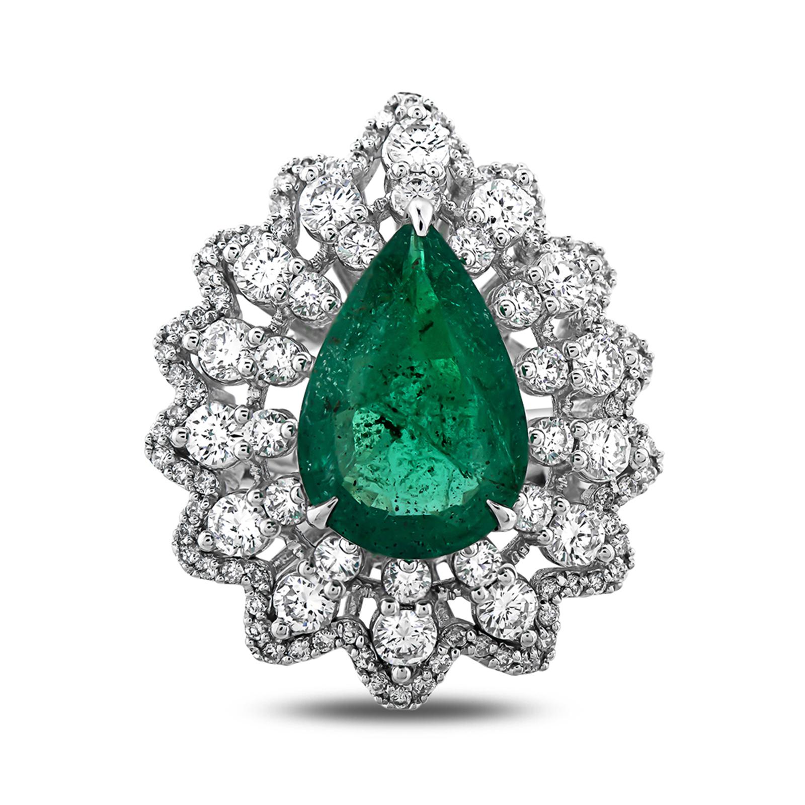 For Sale:  5.82 Carat Pear Shaped Emerald and Diamond Cocktail Ring 18 Karat White Gold 2