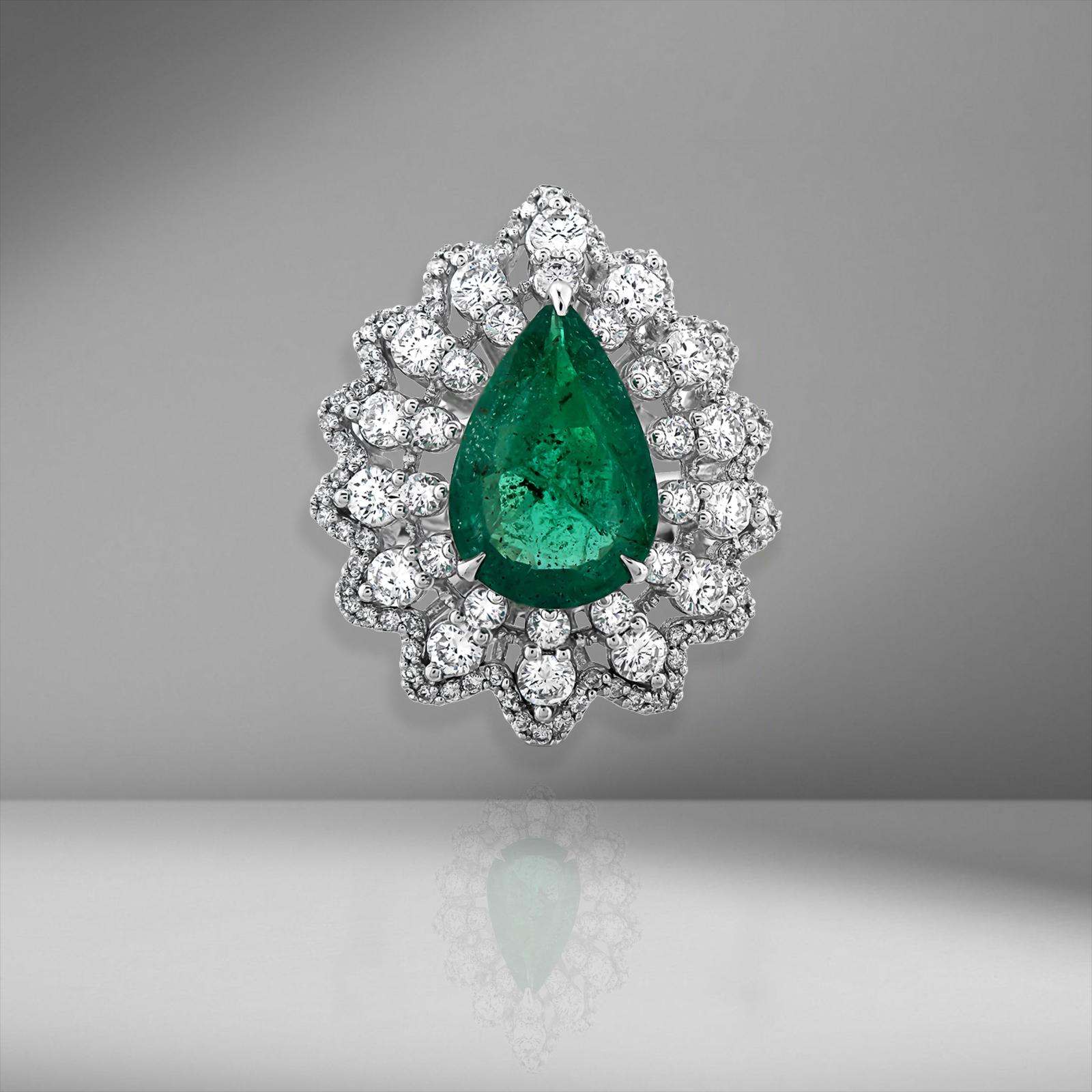 For Sale:  5.82 Carat Pear Shaped Emerald and Diamond Cocktail Ring 18 Karat White Gold 6