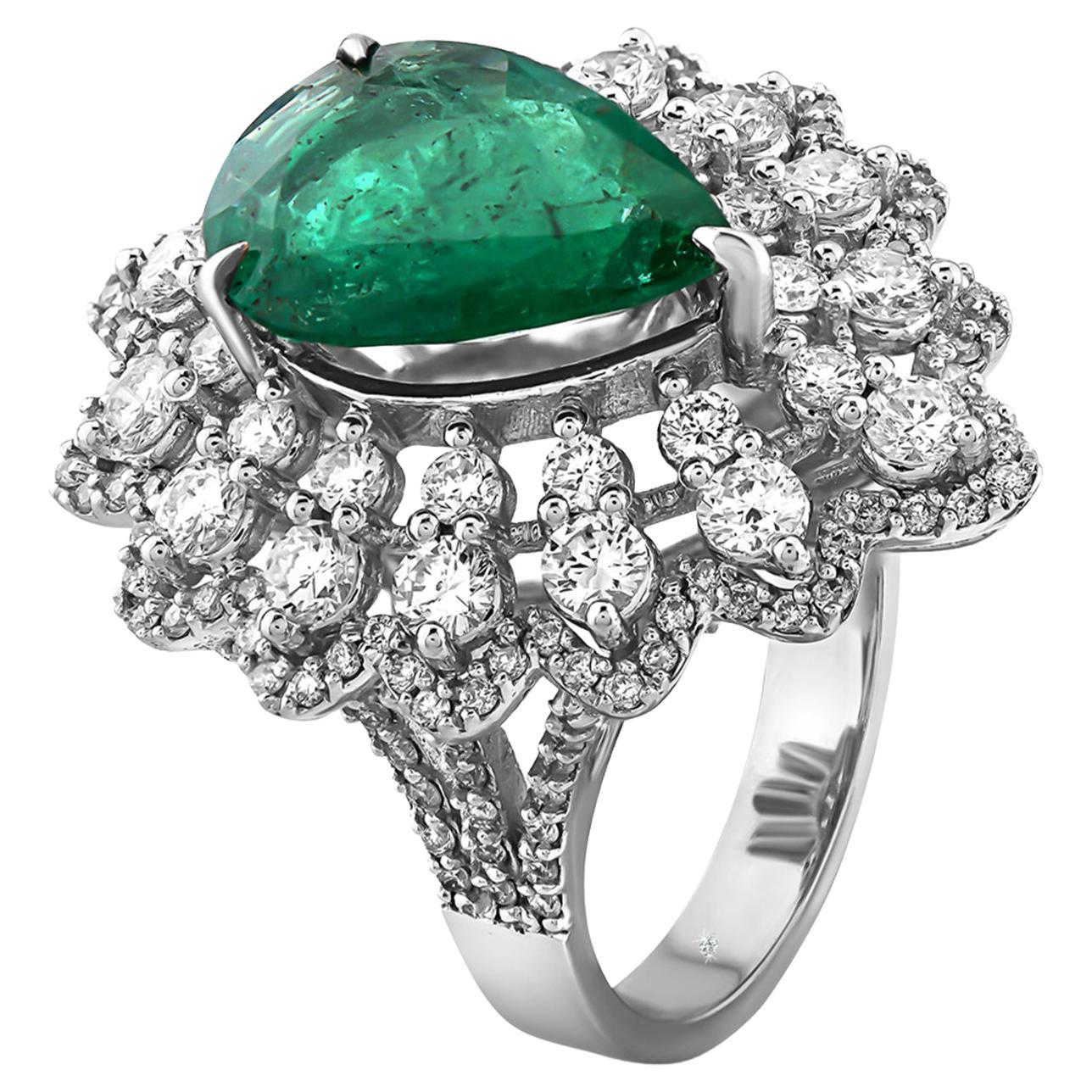 For Sale:  5.82 Carat Pear Shaped Emerald and Diamond Cocktail Ring 18 Karat White Gold