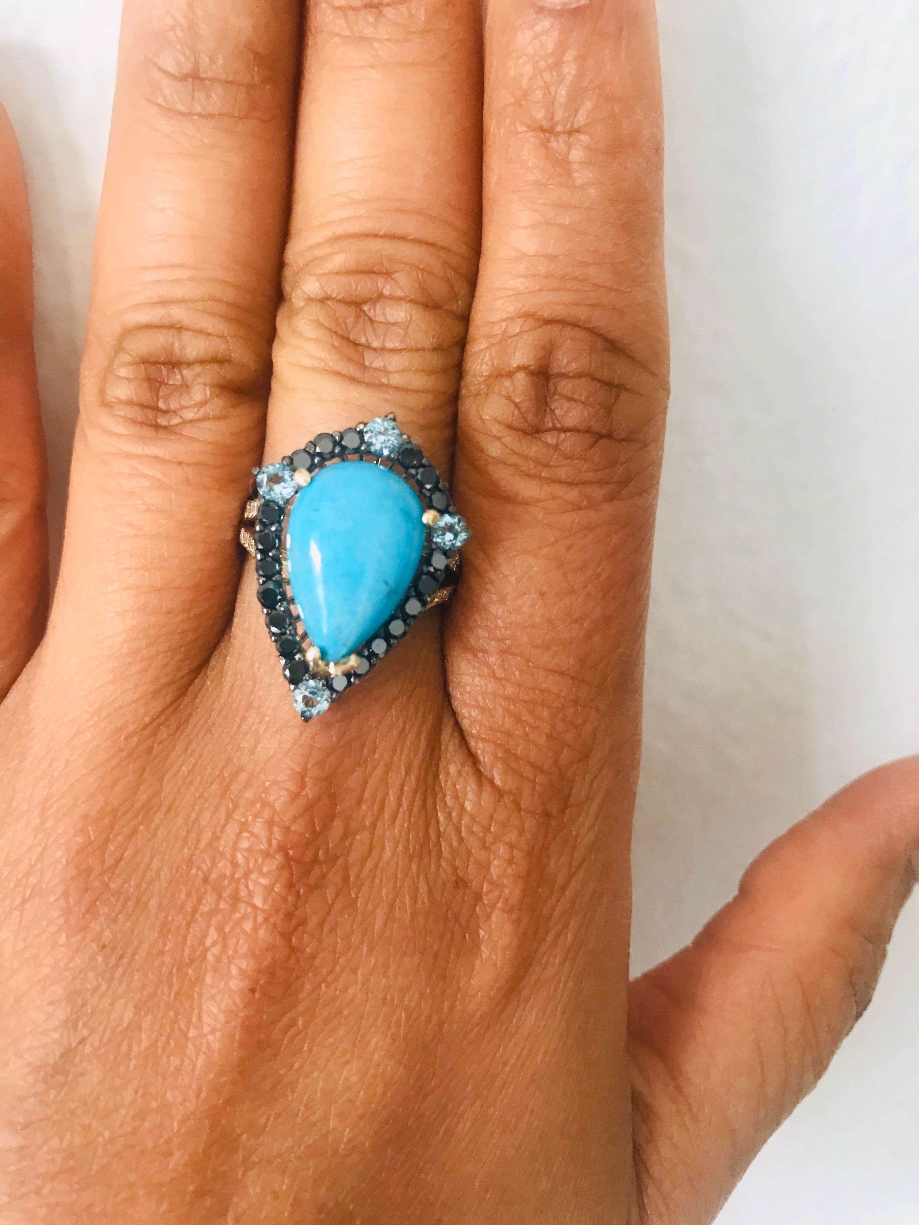 5.82 Carat Pear Cut Turquoise Black Diamond 14K Gold Cocktail Ring In New Condition For Sale In Los Angeles, CA