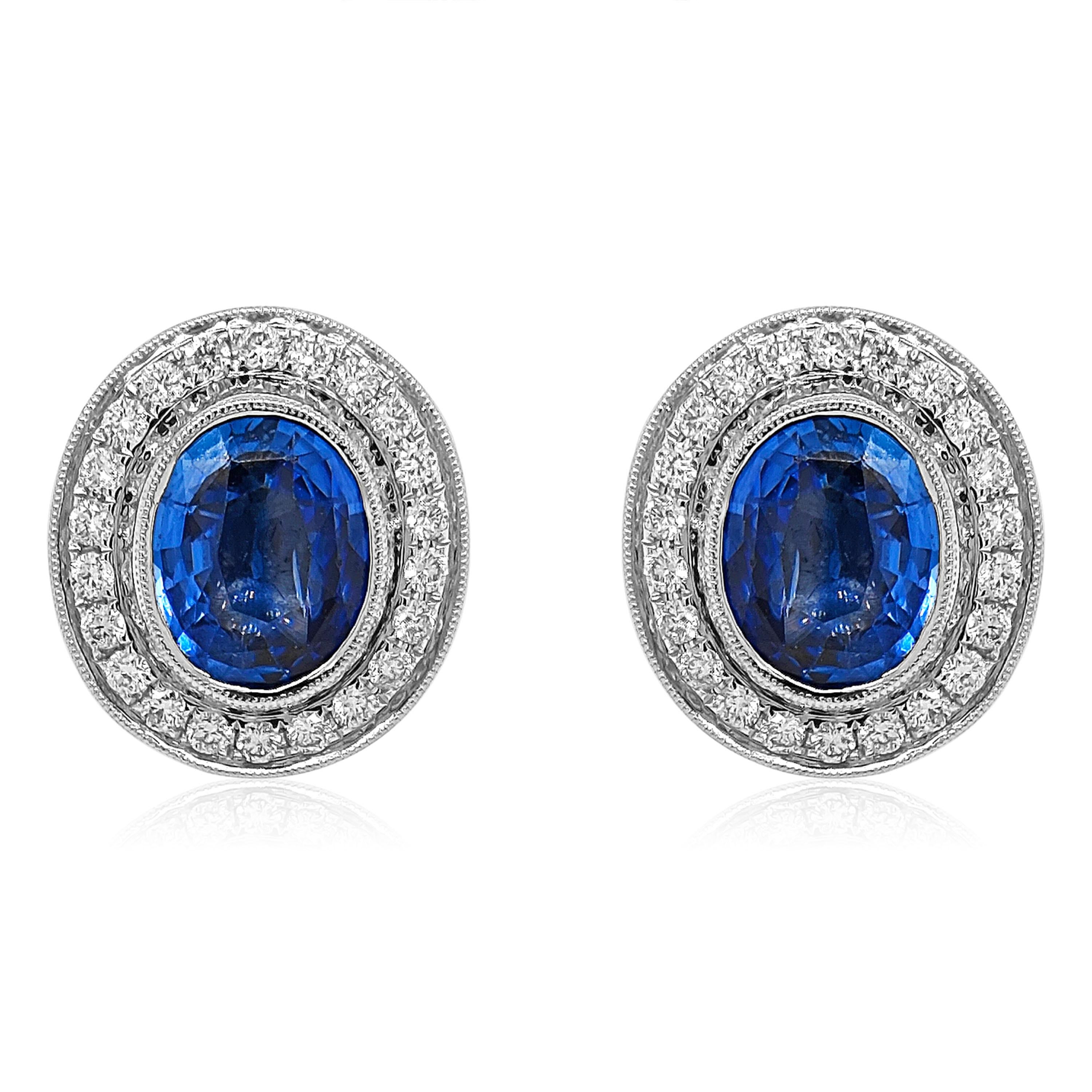 Oval Cut 5.82 Carats Sapphire and White Diamond White Gold Earrings For Sale