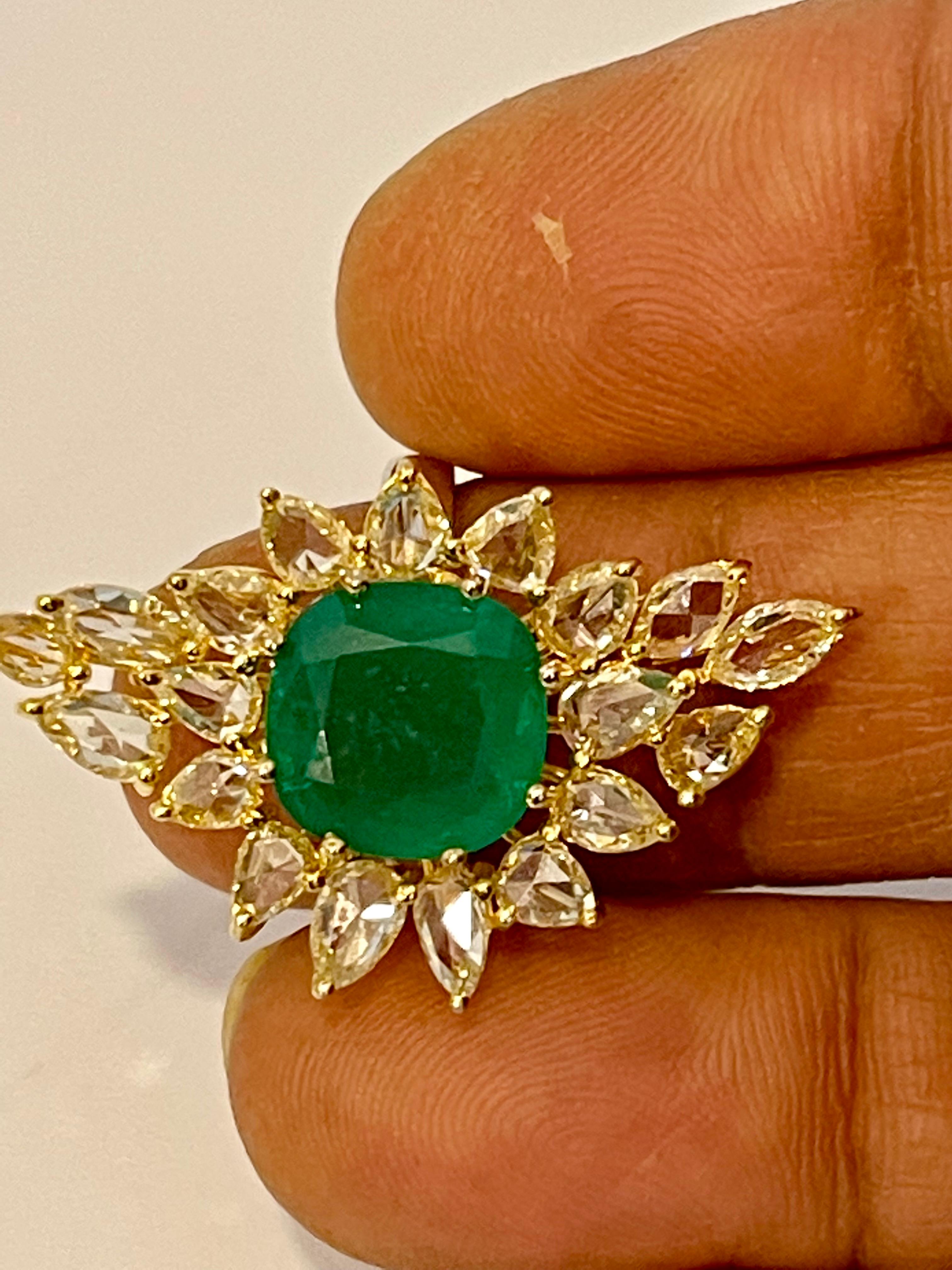 5.82 Ct Natural Colombian Cushion Cut Emerald & 3 Ct RoseCut Diamond Ring 18 Kt  For Sale 7