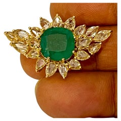 5.82 Ct Natural Colombian Cushion Cut Emerald & 3 Ct RoseCut Diamond Ring 18 Kt