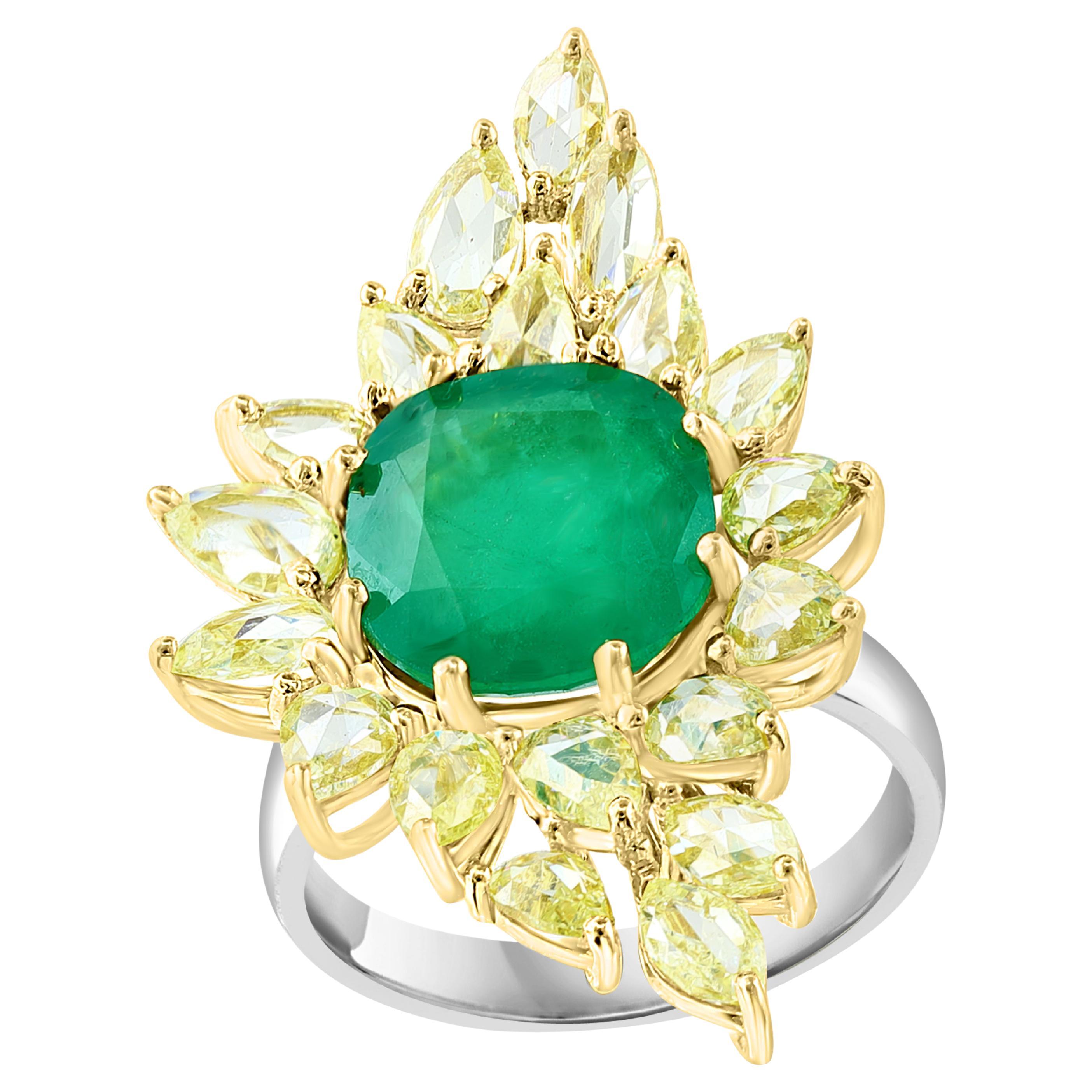 5.82 Ct Natural Colombian Cushion Cut Emerald & 3 Ct RoseCut Diamond Ring 18 Kt 