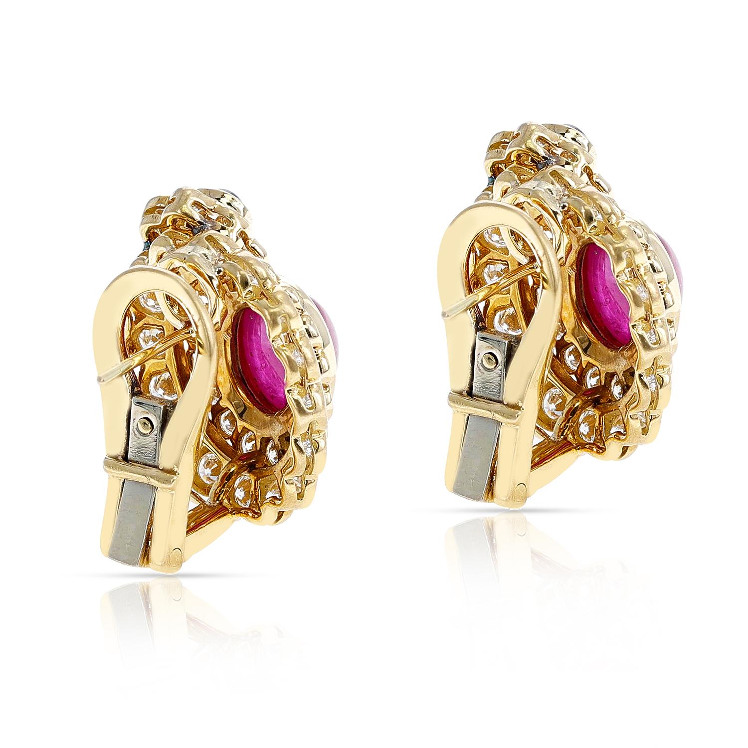 5.82 ct. Oval Ruby Cabochon and Sapphire Cabochon and Diamonds Earrings In Excellent Condition For Sale In New York, NY