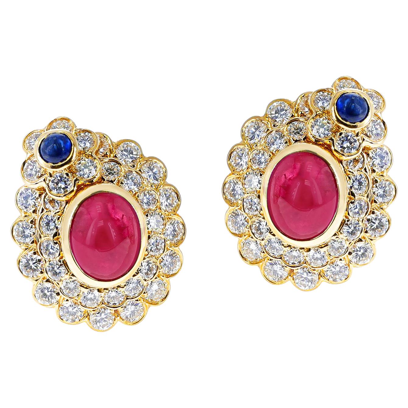 5.82 ct. Oval Ruby Cabochon and Sapphire Cabochon and Diamonds Earrings