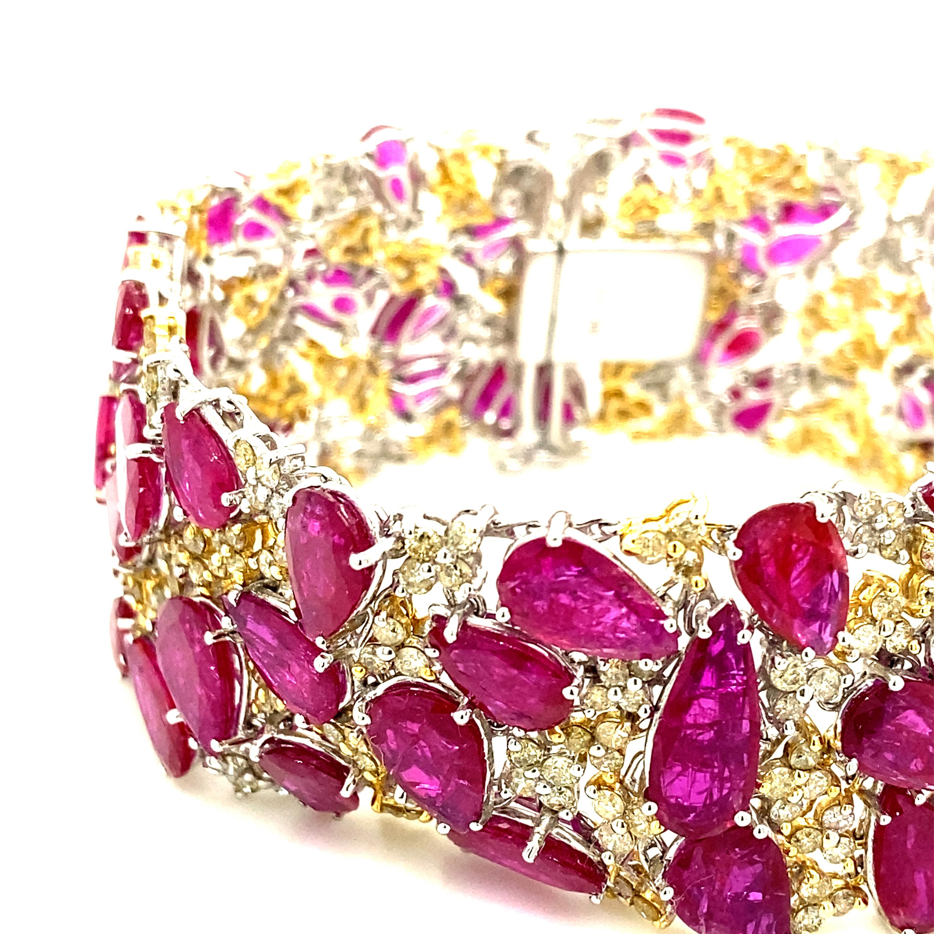 Pear Cut 58.24 Carat Pear-Shaped Ruby and Yellow Diamond Gold Bracelet