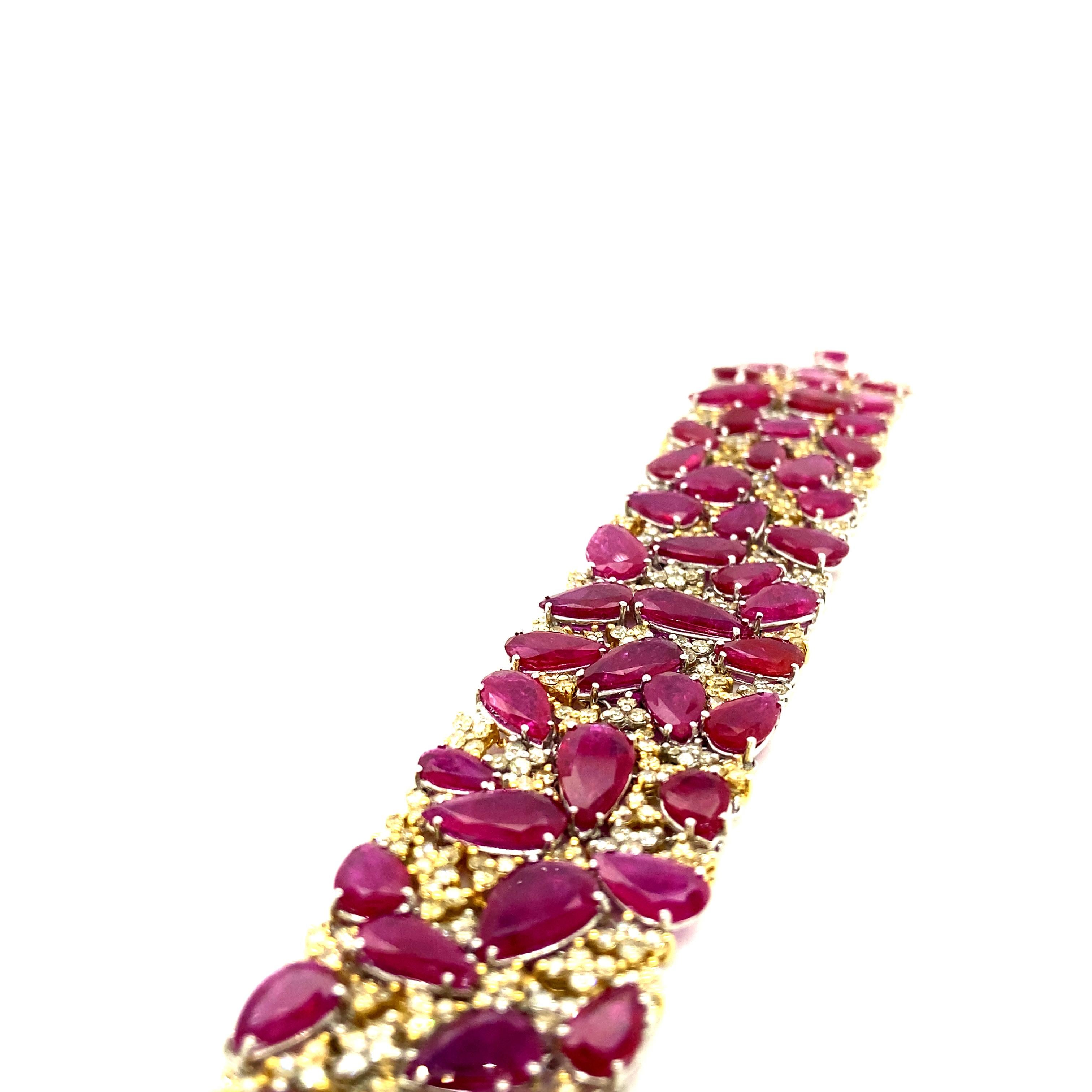 Women's or Men's 58.24 Carat Pear-Shaped Ruby and Yellow Diamond Gold Bracelet