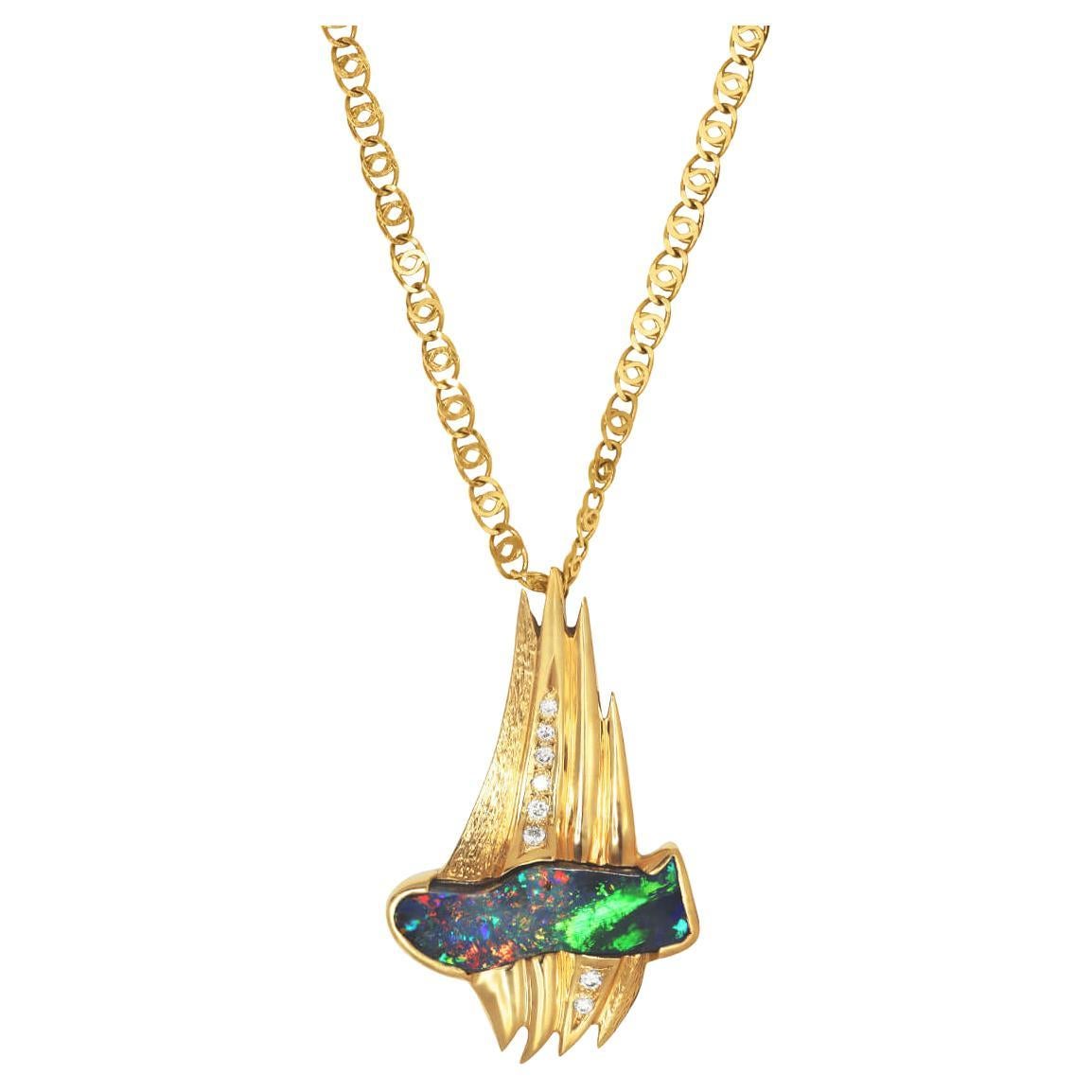 5.82ct Black Boulder Opal, Diamond & 18K Gold Necklace For Sale